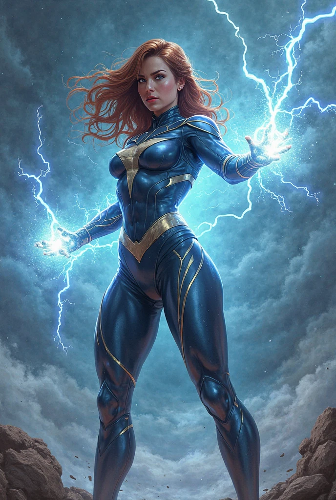 sexy electric based superheroine has redhead, (blue outfit) (wears jeans) full body portrait (she is using lightning powers) photography by artgerm, in the style of realism, glistening skin, , natural lighting, Defined full lips. Muscular fitness feminine body