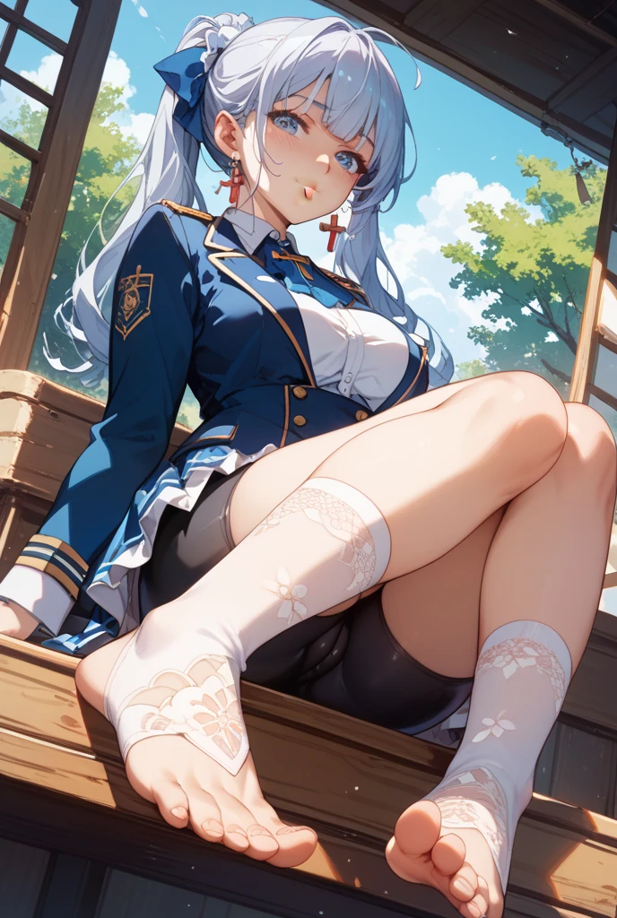 masterpiece, best quality, beautiful girl, white hair, green eyes color, dark blue military uniform, mature_female, eye_glasses, white gloves, anime, dark blue military hat, very_long_hair, perfect body, red ribbon, commander, science_fiction, black knee-high boots, white pencil skirt , cowboy_shot, best quality, large_breasts, ultra-detailed, high quality, modern military uniform, sci-fi, royal blue Trench Coat, one girl
