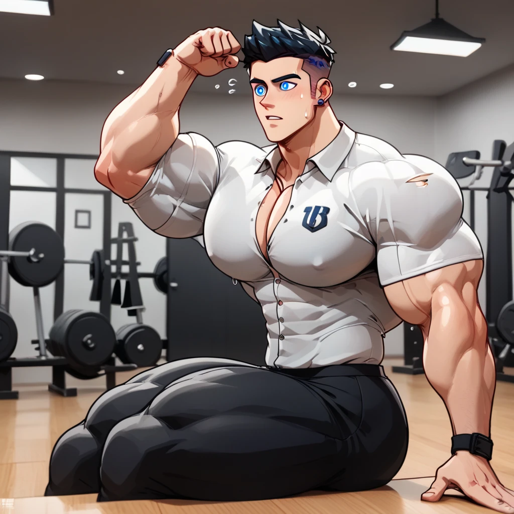 Muscular hairy Ash Ketchum from Pokémon hypnotized by a glowing pendulum swaying in front of their faces, flexing his biceps in a locker room with other jocks also being hypnotized as they fall deeper into trance as stereotypical big dumb football jocks. Glowing red eyes. Muscle growth. Sweat. big biceps. Big triceps. Big traps. Broad shoulders. Big meaty pecs. Hyper muscles. Glowing red eyes. Hyper crotch bulge. Massive bulging crotch. Dumber and dumber. Blank and vapid stare with open mouth in trance while saying in a monotone voice, "We must sweat. We will obey. A big dumb jock works out all day. I am a dumb jock.... I obey.... We are dumb jocks.... We obey.... Dumber and dumber.... Yes, Coach.... I'm your player, Coach. Whatever you say.... Dumb jocks must obey.... Flex, ... grow, ... and obey.... Huhuhuhuh.... We are big dumb jocks...." Slumped shoulders. Hypnosis. Brainwashing. Hypnotized. Brainwashed. Vapid. Dull. Dimwitted. Meathead. Musclehead. Bigger and dumber jock bro. Assimilation. Transformation into big dumb muscular jock bro. Slumped shoulders. Bulging glutes. Thick stubble. hairy armpits. thick muscular legs. Repeating triggers to be dumber and dumber each time he says them to think and focus only on growing muscle and being the perfect football jock. Dimwit. Dullard. Bro. Stupid. Musclehead. Mass hypnosis. Entranced. Mindless. Brute. glowing pendulum. Bodybuilder. Huge muscles. Sweaty. Mouth open. panting. Entranced.