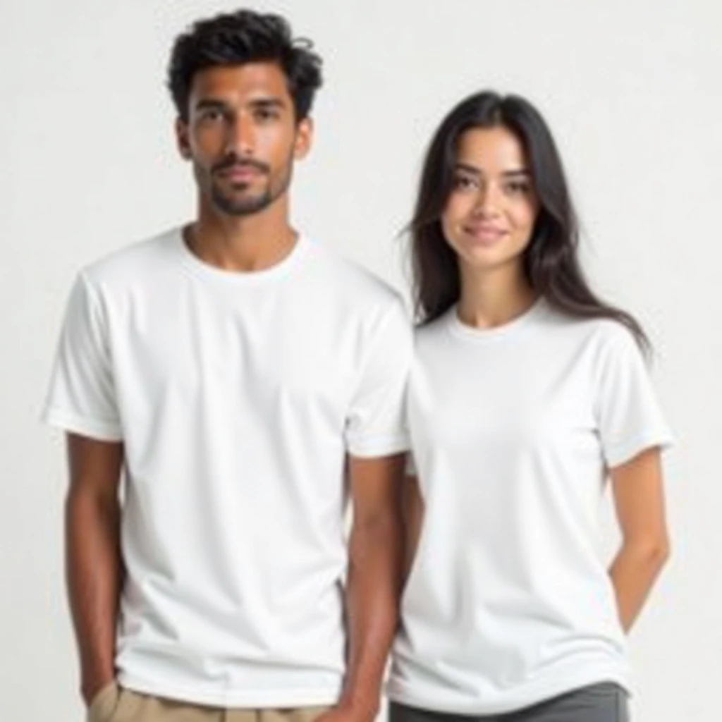 blonde woman and man, standing next to each other, High Quality Portrait, white clothing, wearing a t-shirt, dressed in a white t shirt, Portrait of two people, realistic clothing, White clothes, white tshirt, Large portrait, No - Text No - Logo, textless, white tshirt, white tshirt, dressed in a white t-shirt