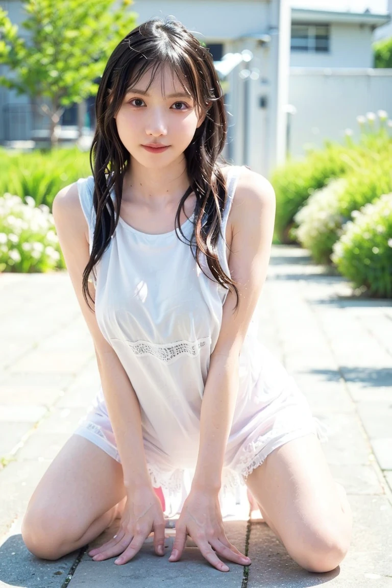Sitting with legs crossed, Ecstatic expression, Cute junior high school girl, Looking at me, Sexy face, With legs apart, Open your legs, Open-chested clothing, Big breasted, Wet, Soaking wet, Leaning forward, Revealing clothing, See-through clothing, Maid clothes