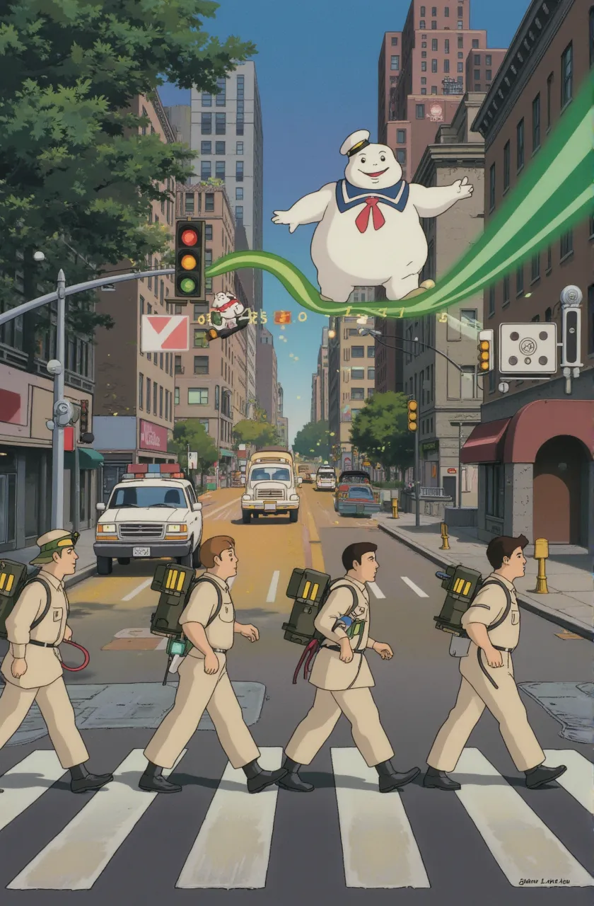 <lora:Churchill_Tank_SDXL_v2:0.7> movie poster. the ghostbusters have exchanged their car for a chrchltnk tank and are now driving with it through new york city, tank painted white with a big ghostbusters logo on it. The text "Who do you call?" in bold letters as slogon in the upper frame of the image.