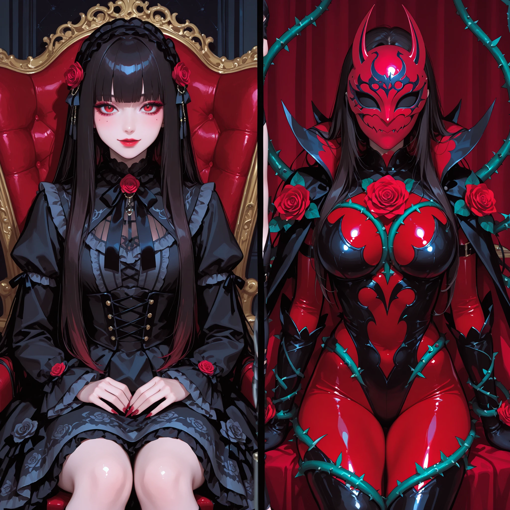 Split screen. kaijin girl. rose mask. sharp thorns. black and red bodysuit. sharp claws. ruffles. thorns.