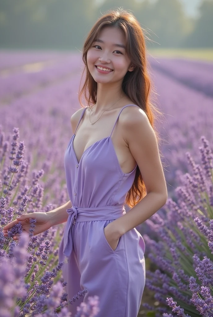 Half-length glamour portrait, nikon D850, f1.6 lens, 200mm, DSLR, 22 Megapixels, (((lavender field scene))), shot of a stunning 19 years old korean girl, (smile:1.4), (wearing multicolored Polka dot midi dress:1.6), ((seductive pose)), hot girl, (((big natural breasts))), (((black fringe hair))), (small girl), symmetrical face, photorealistic, photography, (bright natural lighting), gorgeous, deep cleavage, (masterpiece), best quality, high resolution, extremely detailed, cinematic lighting, (((very narrow waist))), rich colors, hyper realistic, lifelike texture, ((jewelry)), (((She has beautiful hands and wears rings))), (bracelet), (necklace), (ankle chain), (nail polish) (earrings), Fuji Superia 200, 8k
