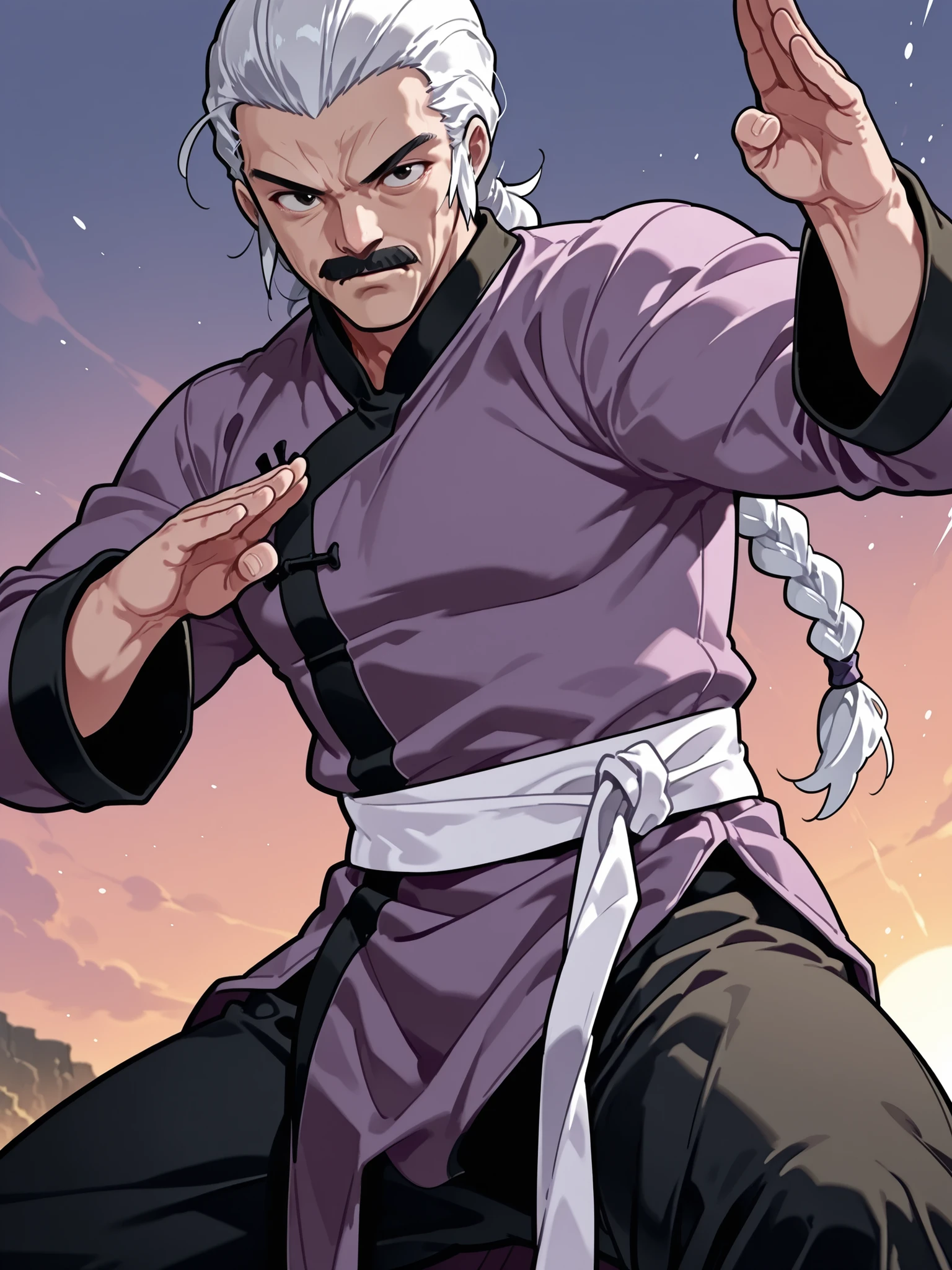 score_9, score_8_up, score_7_up, masterpiece, source_anime, 1old man,moustache,Three-braided ponytail, slicked-back hair,
muscular,kung fu master, 
purple kung fu clothe,Black kung fu pants,white obi,fighting stance,in a dynamic motion,background is sunset beach,realistic,serious face