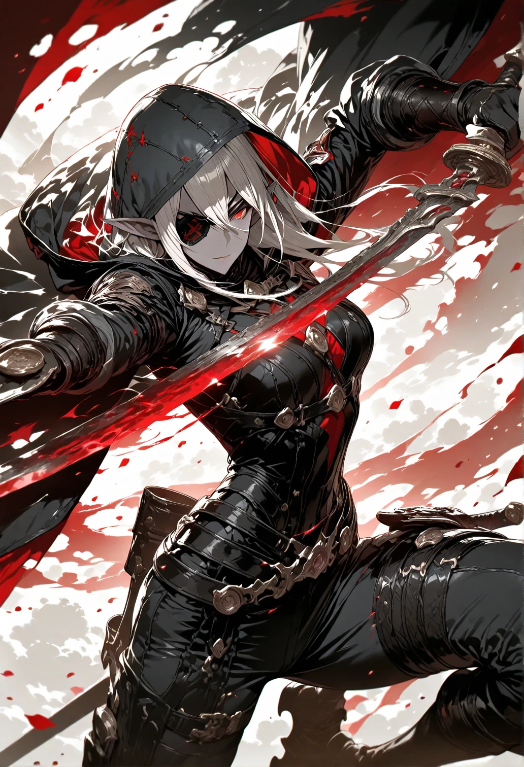 ((Best Quality, 8K, Masterpiece)), ((1woman, petite)), blood on face, flat color, limited palette, Perfectly Cute Girl, Delicate and smooth skin, Realistic skin, Perfect Beautiful Face, Perfect and Cute Face, (POV POV, View from above), short messy white hair, elf ears, sharp fangs, angry, open mouth, shouting, glowing eyes, assassin's metallic armor, cowl, black shawl, fully clothed, dark aura, dynamic pose, fighting stance, black and red, two tone, dark hue, red hue, high contrast, dark lighting, upper body only