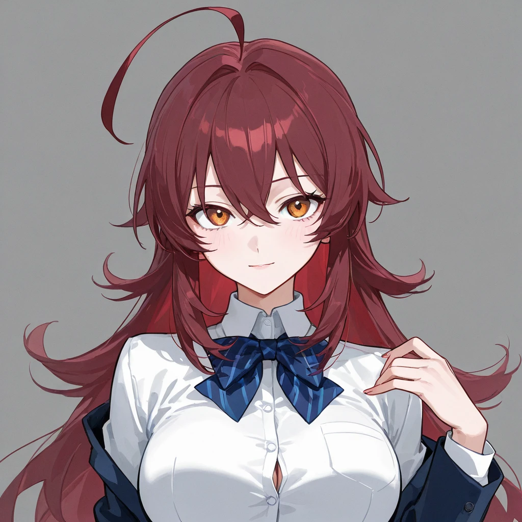 (1woman,20s,mature female),solo,(red hair),long hair,cleavage,high ponytail,oni horns,serious,governant outfit,(white background,line drawing),portrait,serious,from front