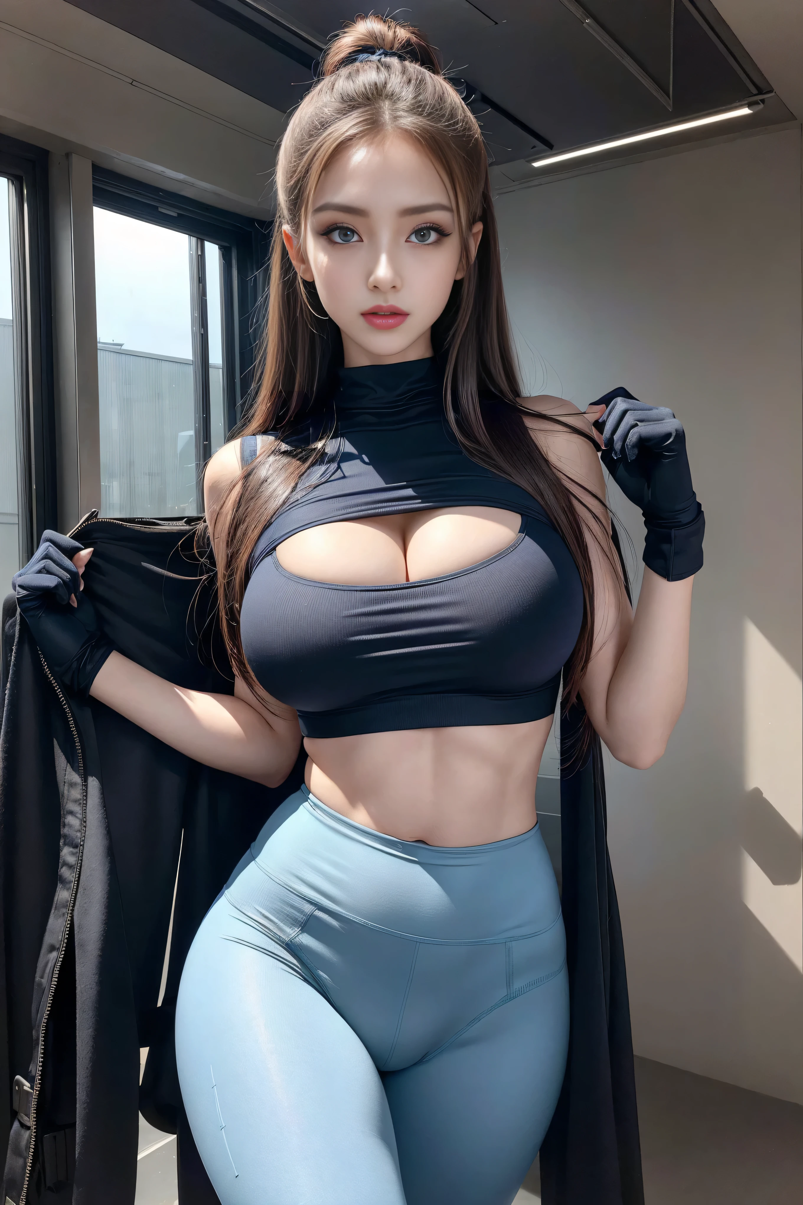 (Daytime, Excellent, 8K, Masterpiece:1.3)), Full body, Long legs, Focal length: 1.2, Perfect Body Beauty: 1.4, Slim Abs: 1.1, ((Dark Brown Hair, Big Breasts: 1.2 )), (racing suit, latex, Standing: 1.2), ((City, Blue Sky and White Clouds: 1.3)), Highly detailed face and skin texture, Detailed eyes, Double eyelids, Flying long hair,cleavage,cleavage cutout,