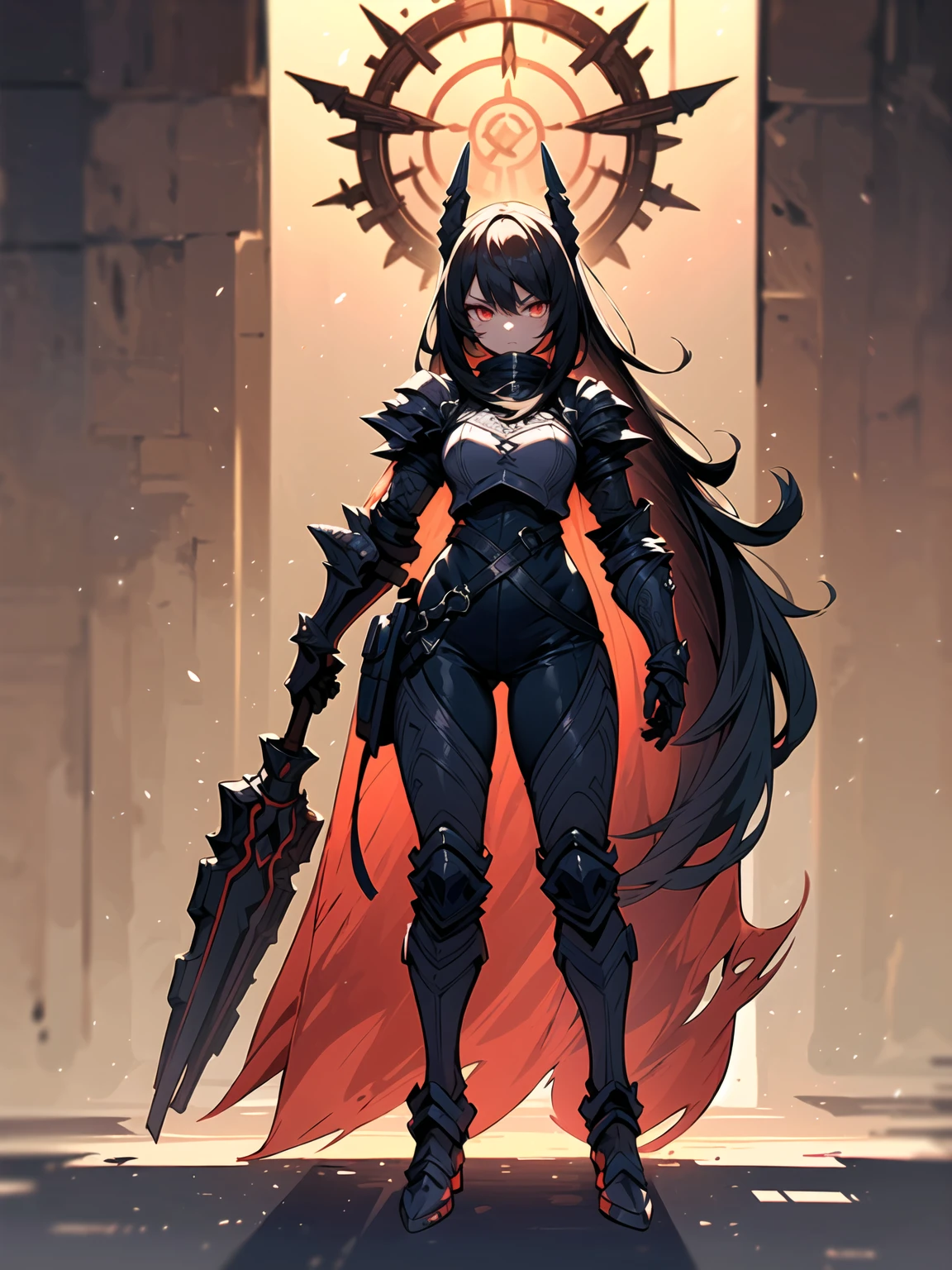 The full body of a dark-skinned minotaur girl,black fur,Red eyes,with knight armor