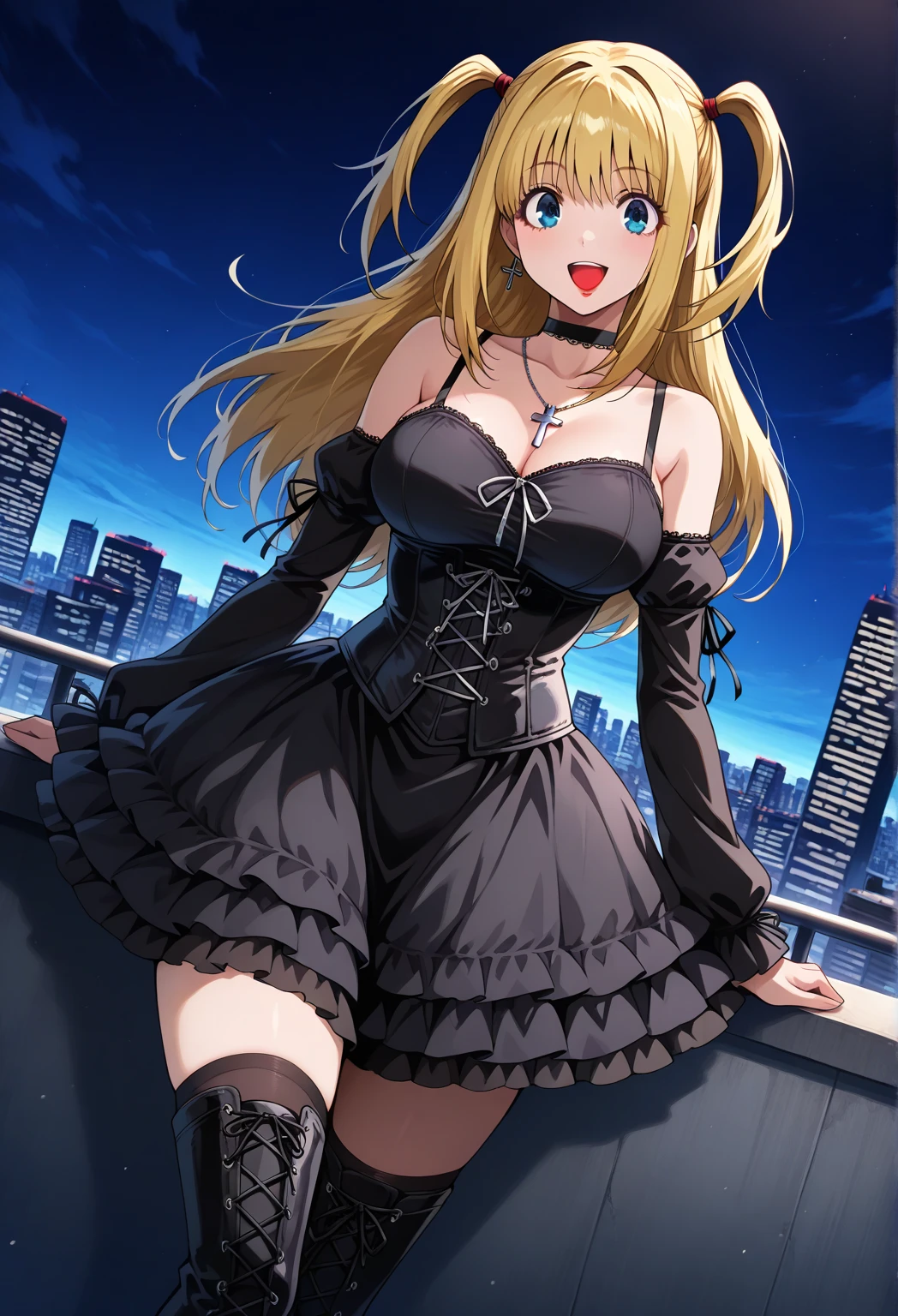 masterpiece, Highest quality, (anime screencap:1.3),(shape), cute,(Simple:1), (anime:1.2),Solo Sharp Focus, 1 Girl, Cleavage,Looking at the audience, Japan,Akihabara,In town,Golden Hair,((mini skirt)),Are standing, Twin tails,summer ,((Black Gothic Costume)),Red ribbon,in the gothic,,Black ta Fashion,Gothic Bonnet,Hair Ribbon,Cowboy Shot,Daytime,,,Large Breasts,,(Absolute Region 1.1),(Braided boots 1.1),Browsing Caution,