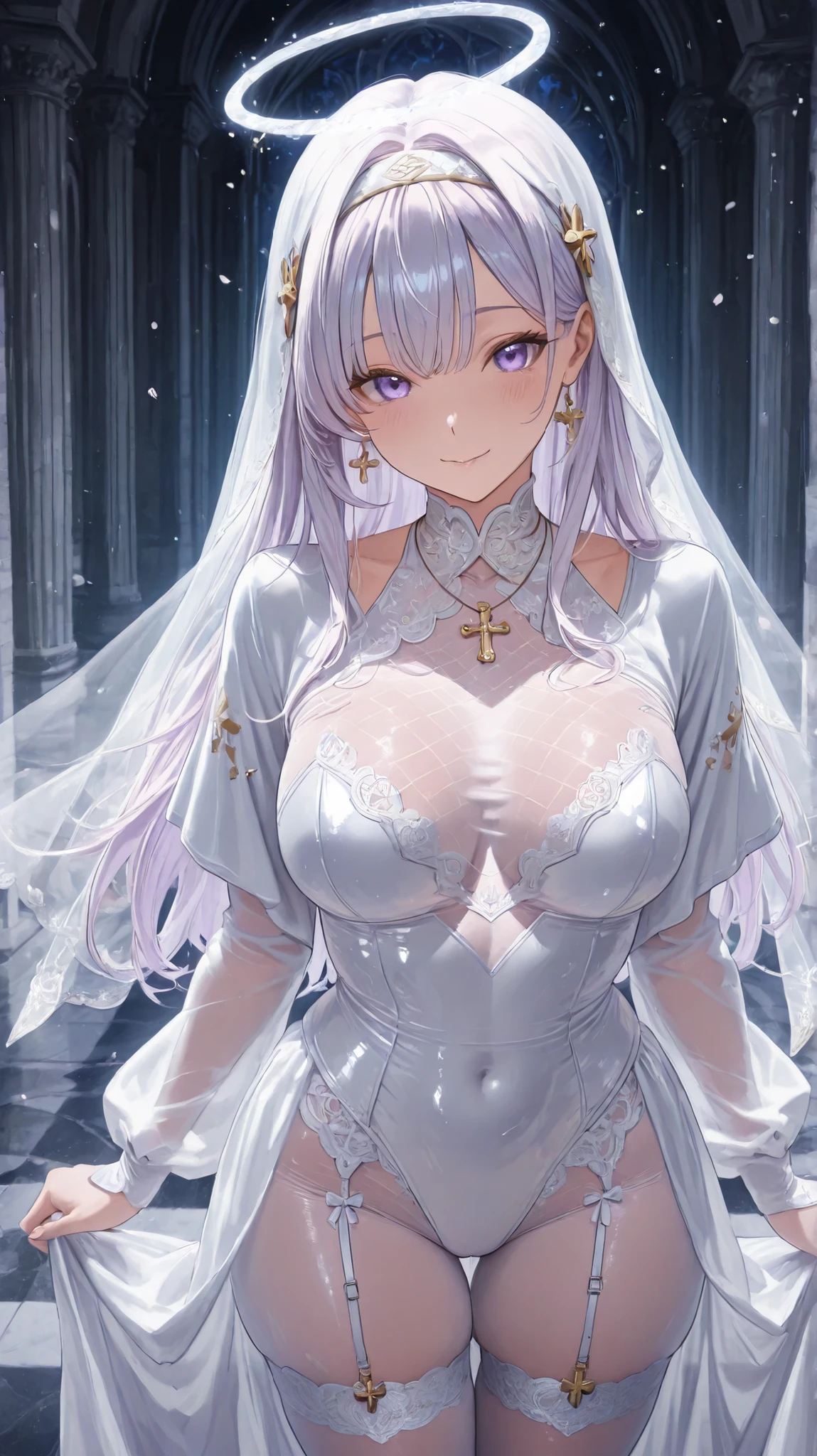 {{{{masterpiece, extremely detailed, intricate details, soft focus, 8K, highres, depth of field, absurdres, high quality facial shadowing, dynamic shadowing, extreme shaders, cinematic lighting, perfect lighting, soft lighting, hazy lighting, blurry foreground, lens flare}}}}, best quality, asian qualities, {front view}, (solo:1.2), (beautiful young girl:1.3), high school girl, {{{extremely detailed girl, perfect anatomy, perfect body}}}, (beautiful-detailed waist-length hair:1.3), (pure white hair:1.3), (long luscious hair:1.3), (multi-layered hair:1.3), (semi-curly hair:1.2) (hair splayed out:1.2), beautiful-detailed facial structure, detailed beautiful face:1.3, sexy face, cute face, slender facial structure, (detailed face:1.33), big eyes, (detailed glowing eyes:1.2), glowing bright blue eyes, (detailed facial expression:1.1), shy, embarrassed, detailed-slight red blush, (detailed boobs:1.3), small size boobs:1.4, (slim waist:1.1), (slim legs:1.1), standing up, (detailed long princess wedding dress:1.4), detailed pure white long evening dress, detailed high slit-leg dress:1.2, (detailed white high heels:1.3), nsfw, lewd