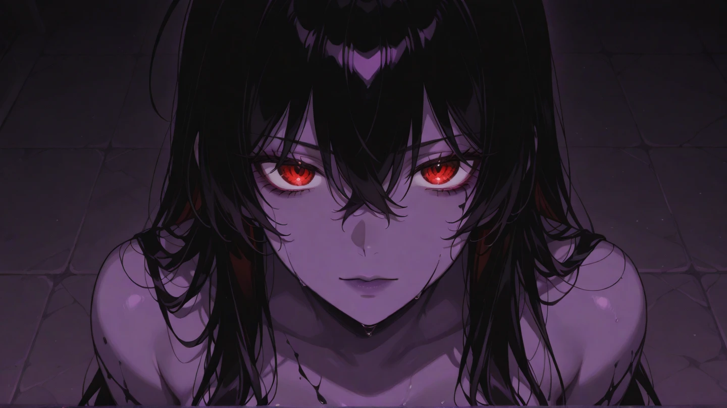 A closed black room illuminated in its center. in the center of the scene, a naked man of short stature is found, pale skin, short black hair and pink eyes. The lighting highlights your figure, and has an exciting facial expression. Artistic style: digital drawing with smooth and realistic details.