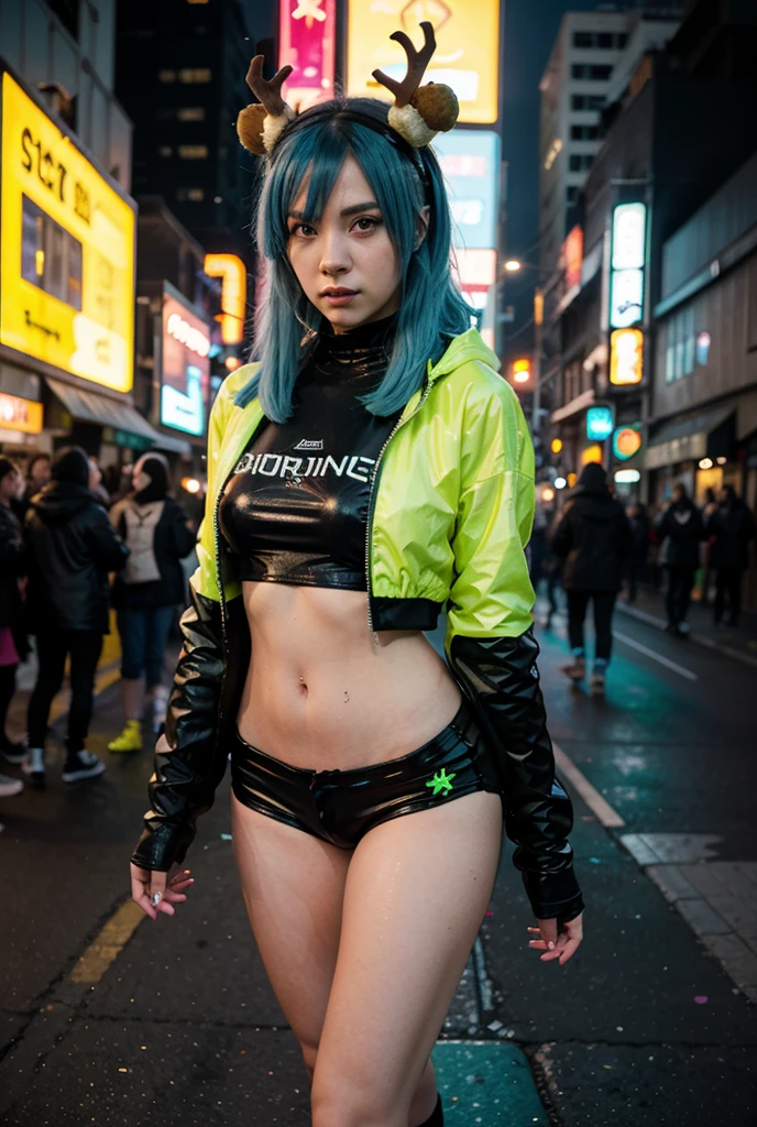 gyaru, blond hair, thin, prostitute, cyberpunk, cyberpunk theme, cyberpunk prostitute, cyberpunk street worker, wearing bright colored clothing, colorful clothing, boobs covered by see-through clothing, streetworker