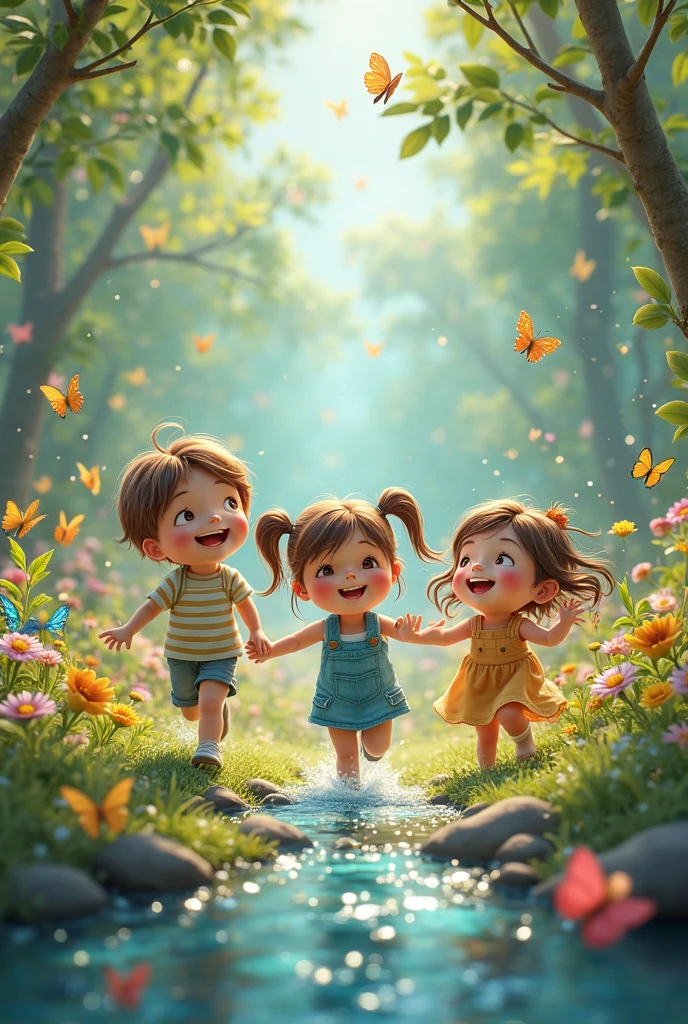 Children running in the forest