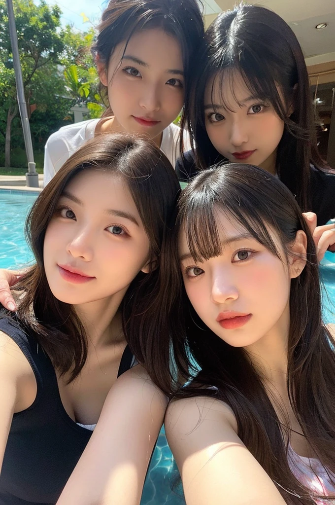 (8K、Raw photography、top-quality、​masterpiece:1.2)、ultra-detailliert、ultra res、(realisitic、Real Photographics:1.47)、（Using the kiss you throw as a camera）From  above、Camera from above、Camera angle from above、I'm looking at this with upward eyes、High-quality images taken with a camera from above、Above the sea、、Offshore Girl（Fantastic lighting）head to waist、、de pele branca、Fair-skinned female proofreading、An ultra-high picture quality、、Beautiful female proofreading reflecting in light、amazing detailed、Beautiful girls in very detailed、Faces with different patterns、Different face patterns、Each hairstyle has its own characteristics、Farbe々Hairstyle、Farbe々Hair color shining with clean light、I enjoy fishing on a boat、Brown hair shining in the light、One has a ponytail、、Modern cute high school girl、very detailed faces very detailed eyes、Very realistic skin、 extremely detailed fingers, highly detailed nose, highly detail mouth, perfect anatomia, Highly detailed sailor suit、、The details of their hair and uniforms shine through、Burning teeth and smiling、Realistic body, de pele branca, glistning skin, Slim body,  Long straight hair, (Blunt bangs:1.2), , nixeu and sakimichan, TWICE, Seifuku, sakimichan, JK Uniform, wearing japanese school uniform, promo still, Larisa Manobal, Japan school uniform, japanese girl school uniform, alena aenami and lilia alvarado