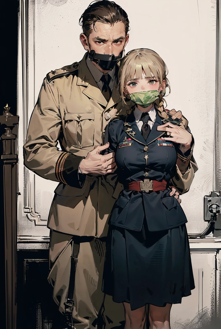 ,(ultra detailed perfect piece:1.2), illustration, masterpiece, (extremely detailed CG 8k), (very fine 8K CG),riofutaba, adult, tall, mature, ashe brown hair, brown eyes, expressionless, slight blush, ponytail, scrunchie, very high quality eyes, Brown sweater vest, beige vest, white shirt, ((medium breasts)), short sleeved shirt, red necktie, Blue pleated skirt, (thighs)  (((BREAK 2persons, 1boy, 1girl, (boy grabbing girl from behind), (hand over another's mouth), another's hand covering mouth. nice hands, perfect hands,  (arms behind back), (hands behind back), bound, (bound arms), boy's hand covering girl's mouth, another's hand covering mouth, (hand g4g), close-up, (hand gag)))roupa modesta, tiro remoto, Detalhe bonito rosto delicado, Olhos delicados bonitos detalhados, perfect facial proportions, High definition skin, pele fina, best four inch aspect ratio. Com um polegar, uma obra-prima, altamente detalhado, Realistic, (German World War II general uniform reference : 1.8), the highest facial resolution, , mulher modestamente vestida, vestido inteiramente, ( pequeno, cabelos pretos, black franja reta, super thin braids, franja reta, Red glasses, olho verde escuro, science fiction, Fighter aircraft, standing On the landing of a Fighter aircraft, the agency, uma personalidade profundamente inteligente, A calm expression, um rosto respeitoso, uma guerra, a Fighter aircraft　BIGHIP　BIGASS　FUCKOFF　FUCKFUCKFUCK