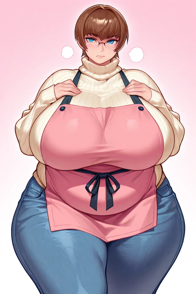 opening legs、underpants、Best Quality, 1womanl, very curvy, Massive breasts, Mature, Sauce order, Smiling, long-cut, Very pretty face, maternal, thick body, pink apron,bbw、big butts、Backshots、A dark-haired、White turtleneck, milf, seductive, short hair