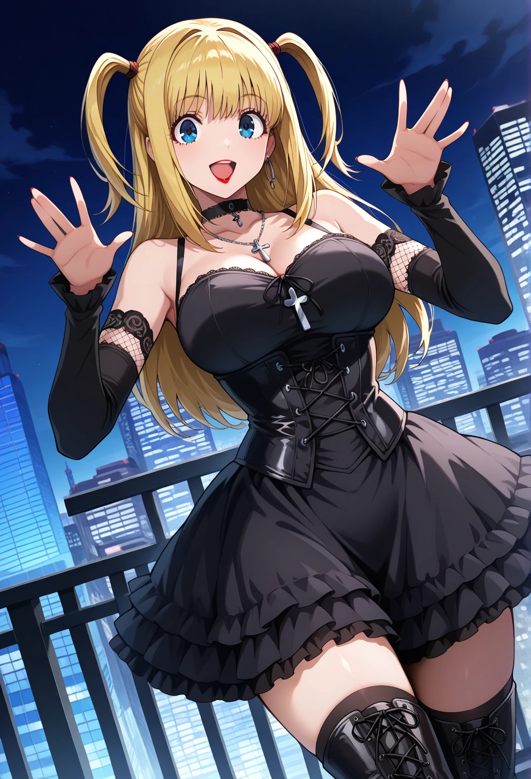 (最high quality, 8K, masterpiece: 1.3, Ultra HD, high quality, 最high quality, High resolution),1 girl,((Four Fingers,Middle finger:1.5)),(Five Fingers,Hands on hips:1.3),(Black bodycon dress:1.5),Black underwear:1.1,Micro Dress, Shiny Dress, (Elbow hand pockets:1.2), belly button:1.1, (Waist cutout:1.5),mini skirt, (Thigh-high socks:1.5),clavicle:1.1,Large areola,Puffy nipples, Huge breasts,O-ring:1.2, necklace, bracelet, Golden, jewelry,Hoop Earrings,pure,:2.0,Primary school students:2.0,Sweat:1.5,vapor:1.5,undefined,Big Tits:2.0,Glowing purple eyes:1.2,Looking at the audience,Absurd, brainwashing,Hollow Eyes:1.2,(long tongue:1.5),despise:1.7,Ecstatic expression:1.5,anger:1.7,excited:1.5,Taunt:1.5,beret,avert your eyes ,(cowboy shot),(night,Canopy bed bedroom:1.2),(from below:1.8), 最high quality、4K、8K、High resolution、非常にdetailed,Hyper HD、Studio Lighting、Ultra High Definition Paint,Physically Based Rendering、極限までdetailedに、Professional specifications、Vibrancy and color、Blurred,Game CG, Anime screenshots, Official Art,アニメ Big Tits,Perfect body,Improved cost performance,masterpiece,c最high quality, Official Art, extremely detailed CG unity 8K wallpaper,Sharp focus: 1.5, Very detailed CG unity 8K wallpaper, Dark cinema lighting, Shiny skin, Glowing Skin,detailed,