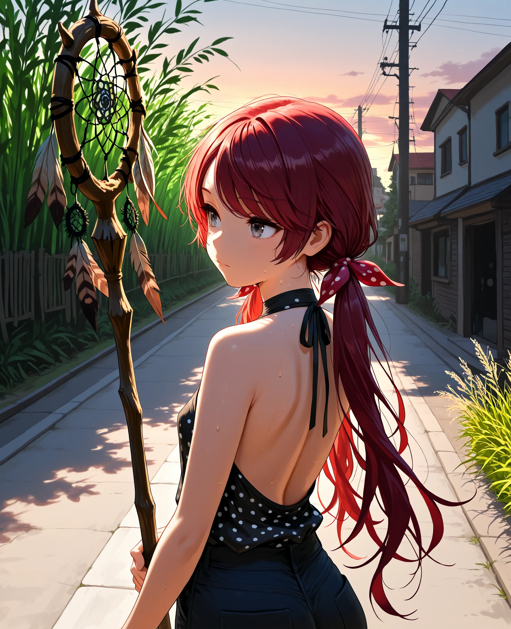 (masterpiece:1.2, Best Quality), (finely detailed beautiful eye: 1.2), (beautiful detailed face), from behind, back shot, sweat, close up, expressionless, backless sleeveless halter neck shirt, black shirt, polka dot shirt, baggy shirt, black jeans, hair ribbons, polka dot ribbons, small breast, dark red hair, long low twin tails, long hair, hair ribbons,gray eyes, swept bangs, sidewalk, town buildings, powerlines, street, tall weeds, flowers, looking away, holding wooden staff, feathers on staff, dreamcatcher on staff, shade, dusk, willow tree branches, swamp.