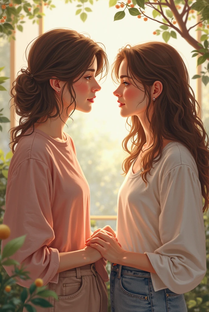 NOW CREATE A DRAWING OF 2 girls, one of them is tall with brown hair and it reaches her back and they have wavy hair and white skin and the other is a little shorter than the other, reaching her chin, she has skin that is a little less white with SHORT HAIR up to her ears and, that the two are hand in hand and very much in love , Remember that both are women THEY ARE MARRIED , THE SHORTEST GIRL HAS THE SHORTEST HAIR