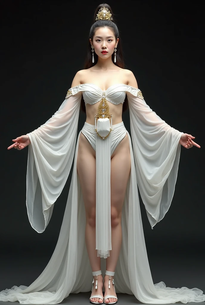 ((NSFW)), best quality (4K, high resolution, masterpiece:1.2), ultra-detailed, realistic (photo-realistic:1.37), Liora, the White Queen of Deception, majestic demonic enchantress, ((full body portrait)), ((wearing formfitting white silk gown)), ((expose cleavage)), (F cup breasts), alluring yet chilling gaze, hypnotic, demonic eyes, poised stance, ((flowing long white hair)), intense and deceptive aura with a hint of darkness, ((pure white color scheme)), sharp focus, perfect, ominous lighting, confident, sinister demeanor, intriguingly wicked smile, powerful illusion magic and sinister energy radiating from her eyes, illusionary palace with a dark, foreboding background, entrancing yet eerie atmosphere, inspired by fantasy art and dark mythology, emphasizing her allure, deception, and malevolent charm, meticulous attention to facial details showcasing her stunning beauty, elaborate, striking visual impact, expressive yet wicked facial features, supernatural elements blended with a sinister reality, (exceptionally detailed:1.3), super finely detailed and clawed hands, ultra finely detailed fingers (ten fingers), ((suggestive and intimidating posing)), no logos in the background.