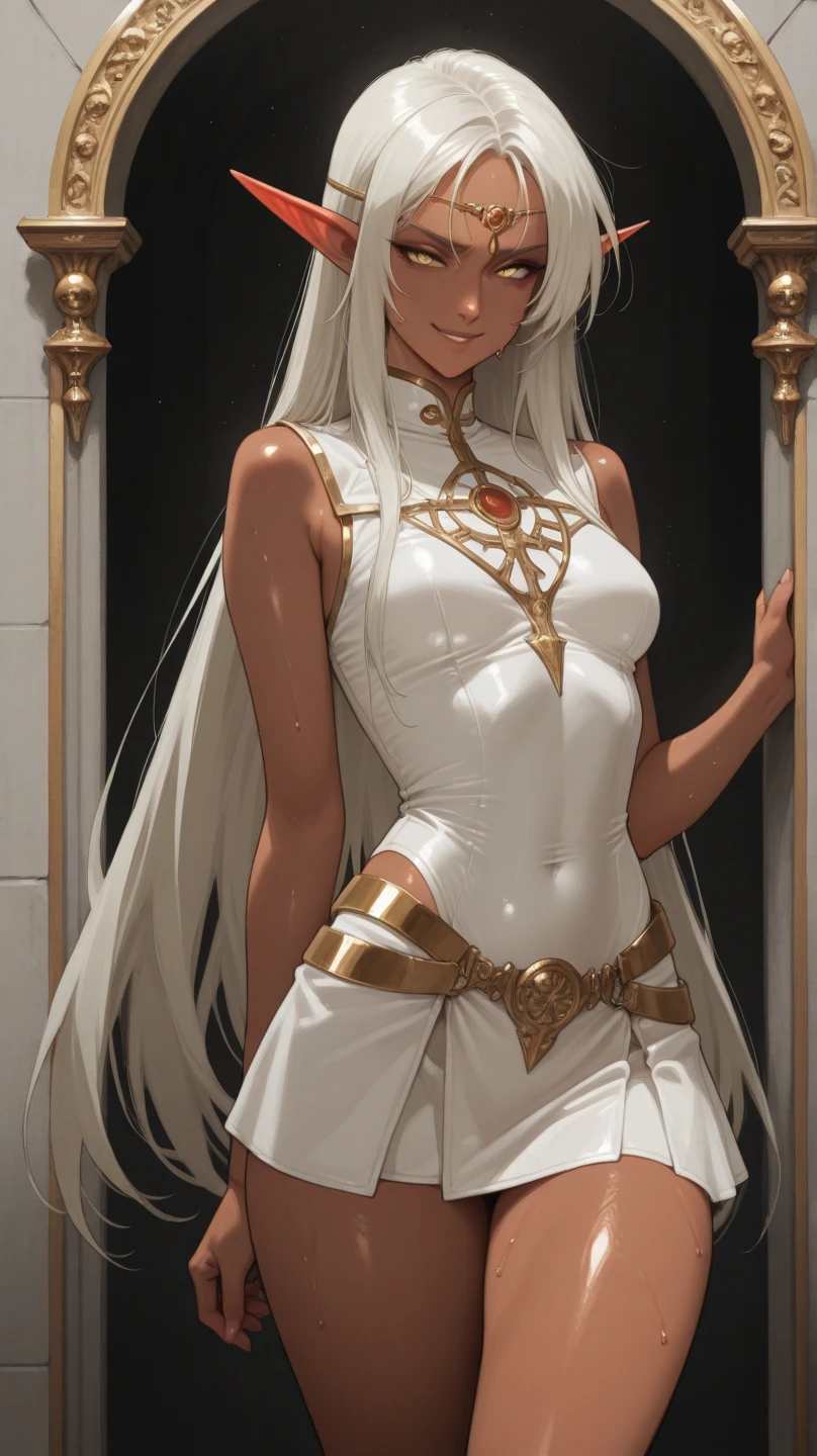 high contrast, (8K UHD:1.2), (photorealistic:1.2),(masterpiece:1.4), (best quality:1.4),extremely detailed wallpaper, highly detailed illustrations, (1 girl), (best lighting) , (super-complex details) , 4K unified, (super-detailed CG: 1.2) , (8K: 1.2),(original), (masterpiece) , (best quality),(Masterpiece:1.4),Anime-ish high quality,gold Castle, beautiful light hues,Elfes ears, white hair, perfect hands, masterpiece, lights surrounding, glistening sparks, beautiful,(((red eyes))), radiant, innocent beauty, attention to details,short hair,happy,20 years,solo,white and golden short dress,medium tits,white pantyhose,gold crown,Detailed ,gold high heels,Luxurious Gold Decoration,(((long cape)))