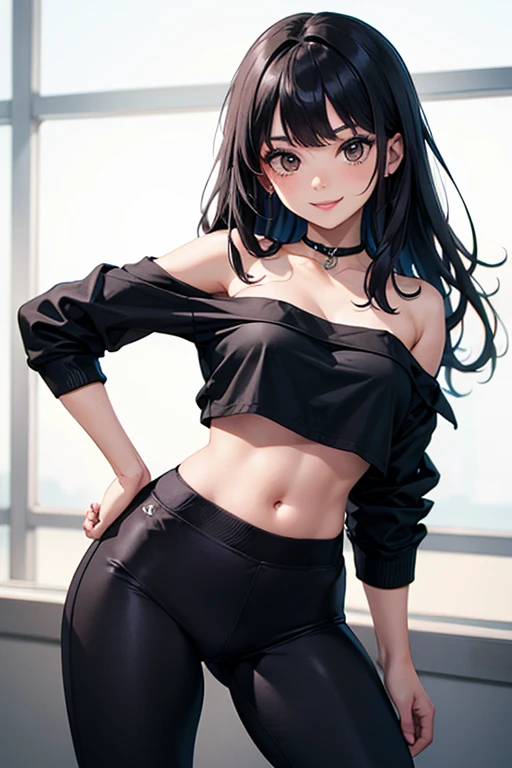 top quality、Top image quality、Masterpiece、girl with((18 years old、Black sports bra、black shorts、black pants、best bust、Bust 85、one blonde、messy long hair、blue eyes、open your mind、valley、happiness、Black wristband on the wrist、A slender one、earrings、The wind is blowing,Convert your audience、Frustrated look、Smile))high quality、Camera film style、background with((The room is nice and clean.、floor))、depth(table、DVR、bookcase)on the table、Cool style、Well-designed