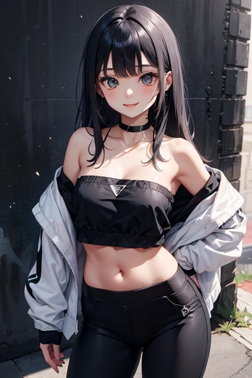 Anime style  , young girl  , black hair,  smug expression ,provocante  ,morena, dark skin ,  top curto,belly , flat chest , very short shorts latex , micro shorts,  sexy . Diabinha. 