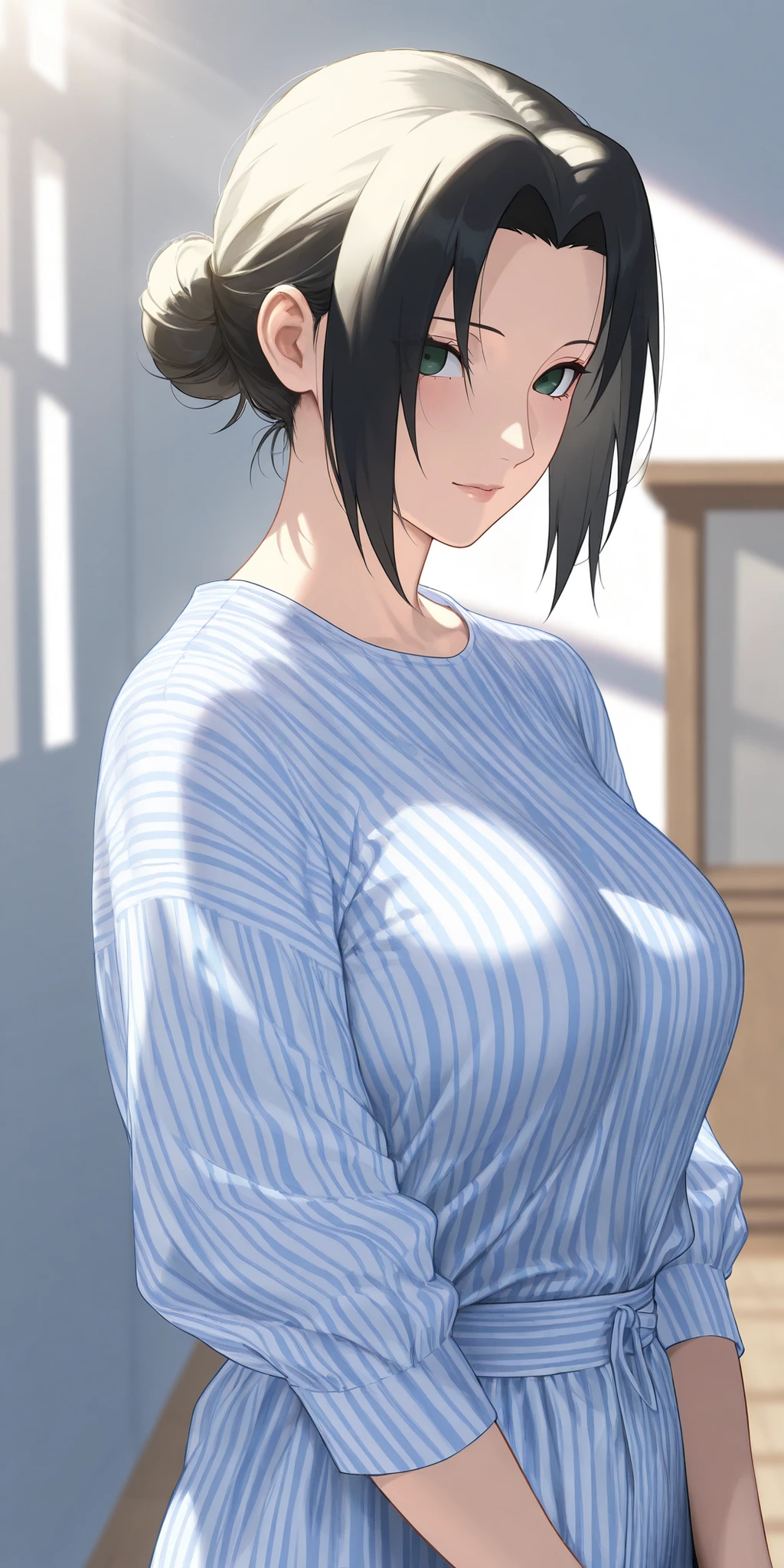 Dark-skinned milf, long black hair, wearing white pajamas with a low cut on the chest