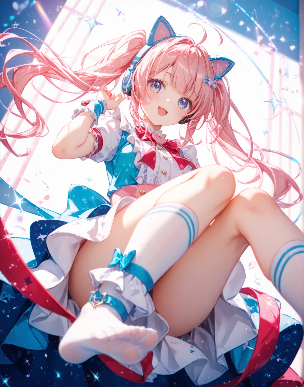 In the classroom,Beautiful Girls' High School,Brightly colored curls,Large, Bright round eyes,Clear blue eyes,Reddening cheeks,Flushing,White dress in minimalist style,Blue bow belt,Pink straw hat and blue ribbon,Pink leather shoes and cartoon animal motif,Holding a book in his hand,Smart and curious eyes,Elegant posture and confident smile sweet、Lovely and young atmosphere,Wearing a cute bracelet,pendant,choker necklace,head gear。Wear over-the-knee socks,Leg socks,athletic sneakers。Falling debris and paper。Masterpiece, Best quality, HD, 8K, A high resolution, Super resolution,