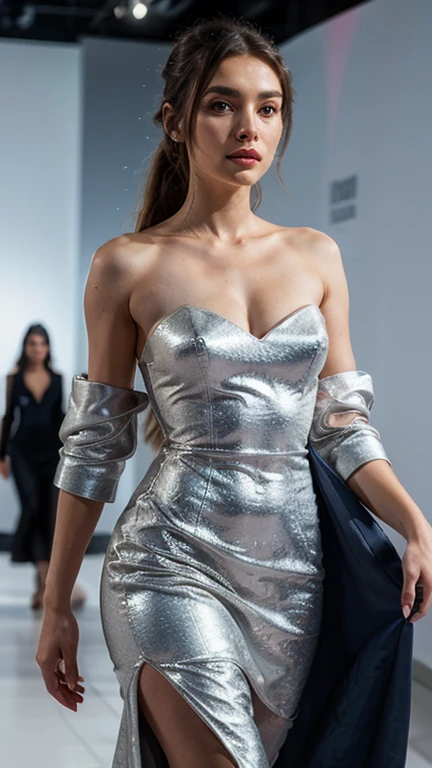 (Best quality, 8k, 32k, Masterpiece, UHD:1.2),Photo of Pretty Japanese woman, 1girl, (medium-short dark brown hair), double eyelid, fashion model,1.77meters, beautiful , contemporary cut,unique maxi very wet silver dress with slit, off-shoulder, gold belt, choker, stand tall, runway, huge stage, Paris Collection, nsfw, , see through,,,see-through_blouses,breast_pasty,(Medium shot:1.4)