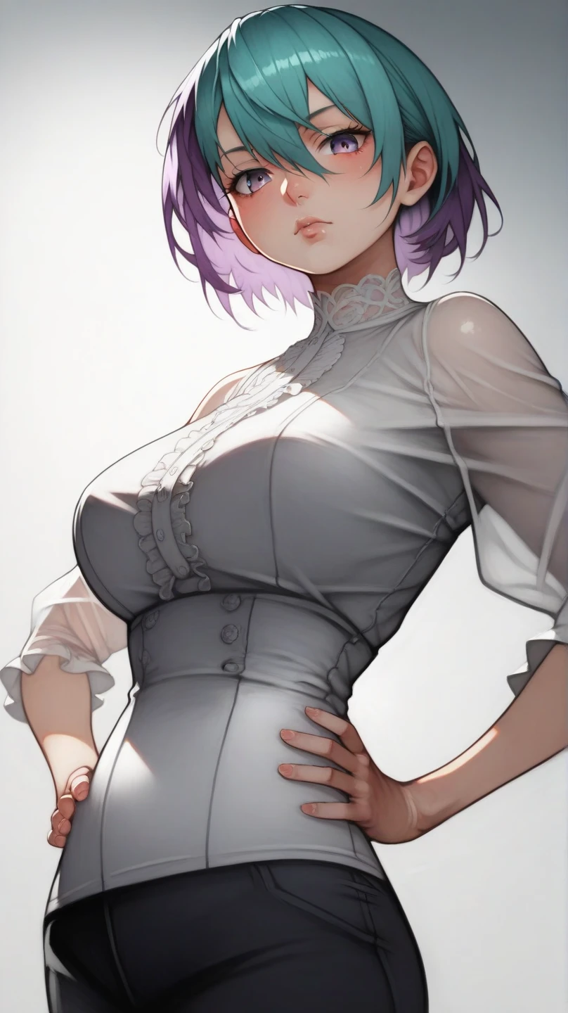 8K, (best quality:1.3), (masterpiece:1.3), (detailed:1.2), distinct image, (Cowboy shot), BREAK Solo, looking at viewer, Voluptuous body, Layered Cut Golden Auburn hairs, Mahogany eyes, Mesh Sleeve Bodycon Dress natural volumetric lighting, Artistic Background ((((standing upright))))
