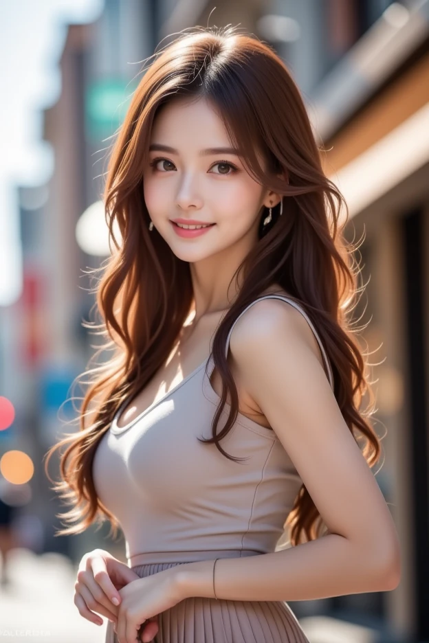 best quality，master piece，超A high resolution，RAW photography，loose perm hair、arm in arm、Japanese、loose perm hair、length、brown hair、smile、arm in arm、professional photos、Same skin type as humans、Japanese female proofreaders from head to foot、blur the background、I draw it faithfully to the anatomy.、very detailed and beautiful、Super high quality、Sexy hair swinging、Highly detailed beautiful girl、shoulder-length hair、shirt、See-through,rain、from head to waist、