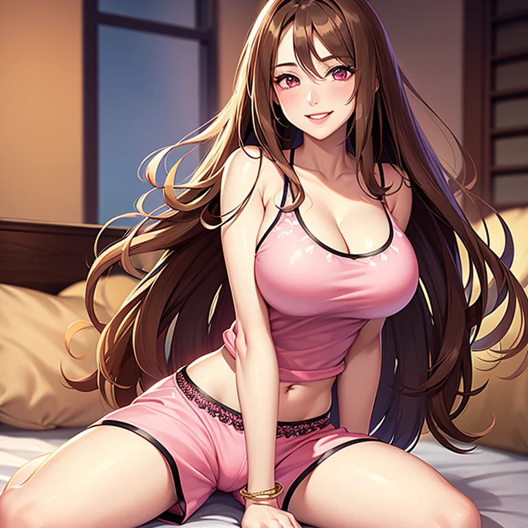 Coquette girl, long brown wavy hair, big breasts, sexual seductive pose, huge breasts, wearing cute pajama to and booty shorts, wearing pink bows, in her room, laying down on her back, in bed, just waking up in the morning, sleepy facial expressions 