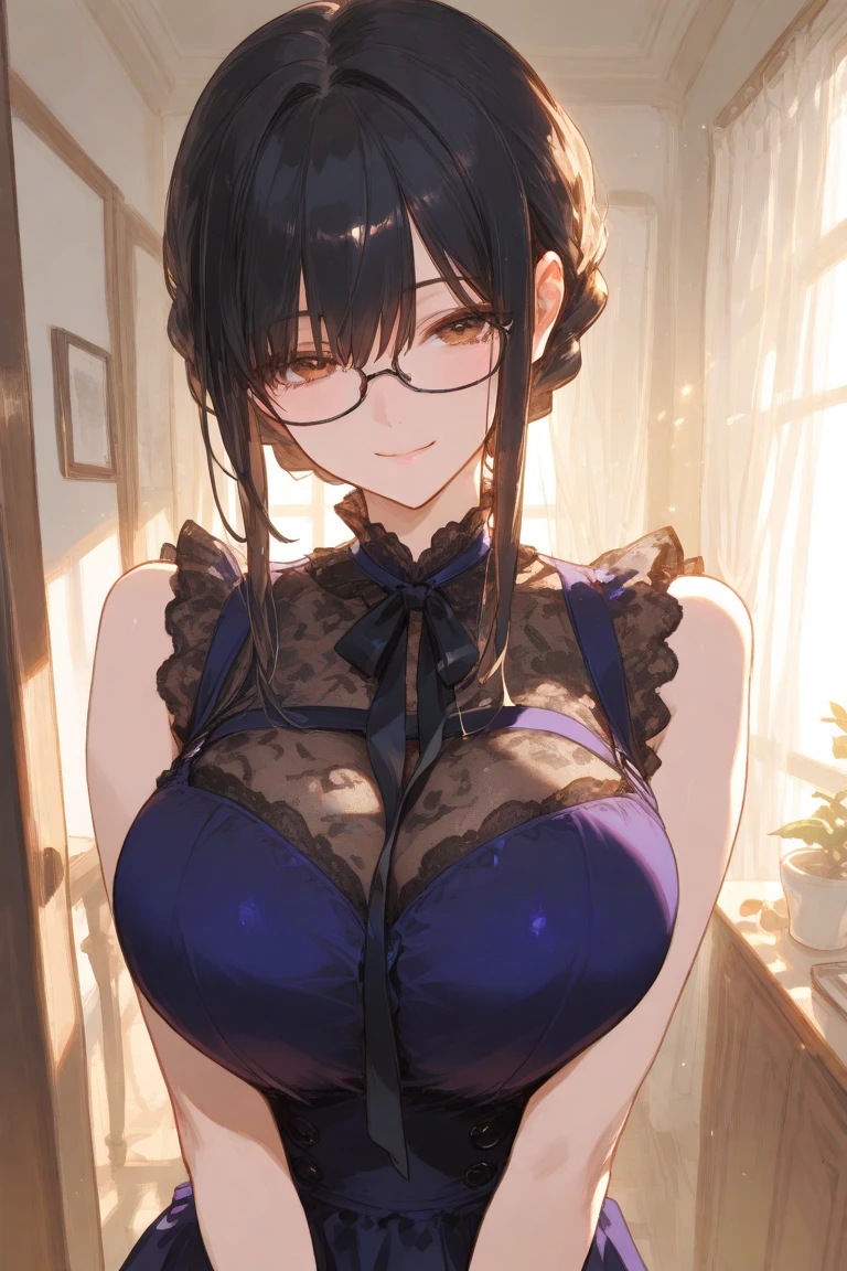 Glamorous,Sexy,Married Woman,Wavy curly hair,Brown Hair,Face red,Shy,lipstick,Wearing earrings on one side,Big breasts,cleavage,Bedroom,Darkness all around,light blue lace,Sweat,light blue lace,Smile,red glasses