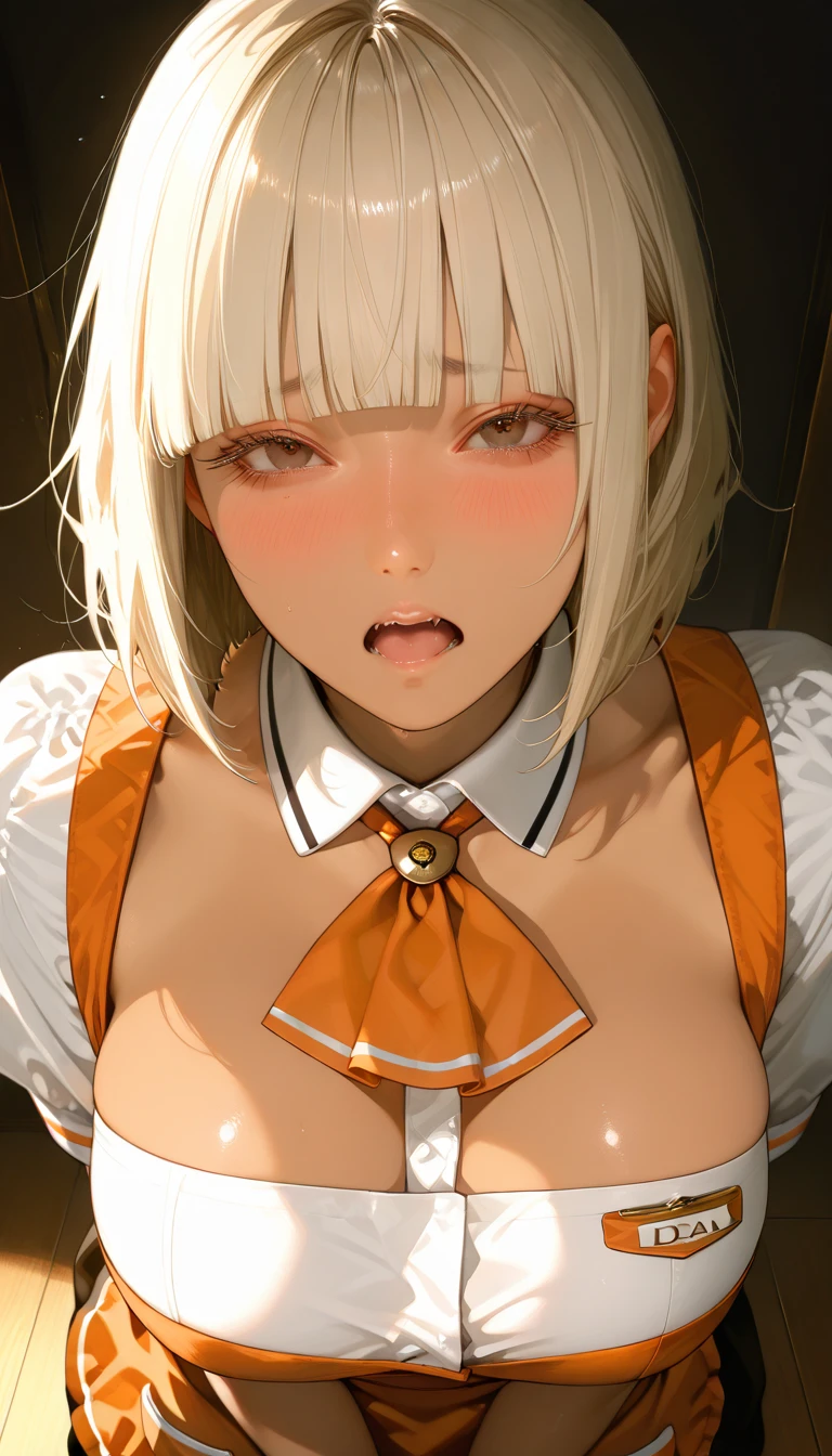 masutepiece, Best Quality, 1girl in,Flandre Scarlet,Blonde side ponytail、a bed、I'm wearing a white mob hat、There are colorful feather nudes、HCup Breast、Even if I open my mouth and stick out my tongue, it drips.、Happy face、Only the upper body is visible、Beautiful breasts、Courtship action、a closeup