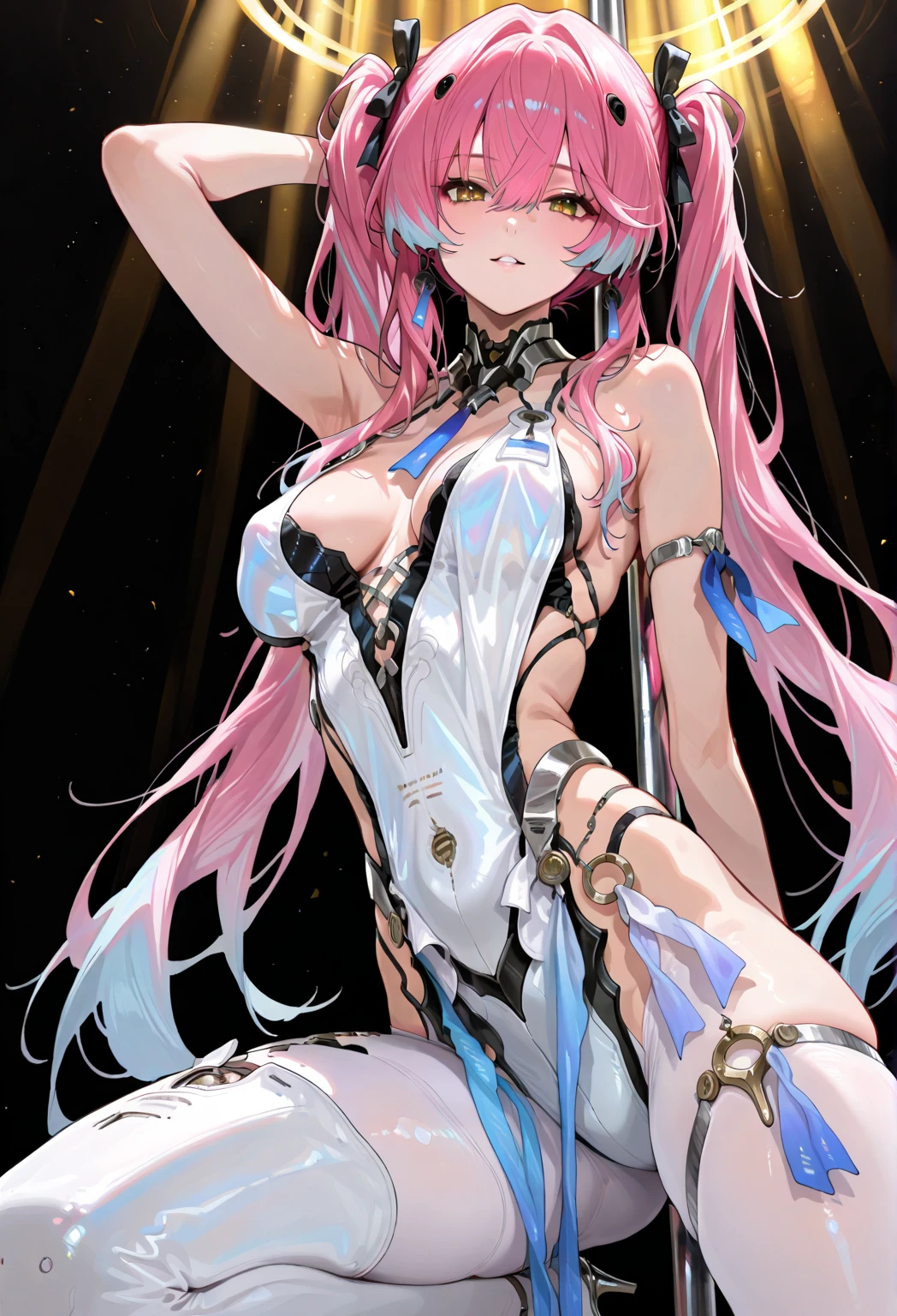 masterpiece, best quality, ultra-detailed, illustration,(1girl),beautiful detailed eyes, Digimon, angewoman, Fate go, Medusa, looking at viewer, close up, (breast focus), (arms behind back:1.2), (from above:1.1), Adult, tall, thick, long purple hair, angel helmet, eyes covered, eyes blindfolded, white stockings, Medium breasts, exposed breast, exposed nips, breast popping out of top, water droplets on breast, (off shoulder:1.1), lace underwear, radiant eyes, purple eyes, red eyes, Tulle coat random pantyhose, mini skirt, ultra detail, sexy body, cleavage, clear panties, cameltoe, large breast, round bottom, seductive expression, sexual expression, laying on bed, upskirt, Holding a private, wide open smile, lewd face, sexual expression, surprised face, open mouth, blushing, blushy red cheeks, wet tongue, tongue sticking out, looking up, string of saliva, radiant lightning shining from background center, drool, kneeling on floor, kneeling over man, undressed man, man laying on floor, sitting up tall, arching back, sweaty, hot, running fingers through hair, pleasure face, begging, up skirt, embarrassed, colored lights in the background, collar, leash,