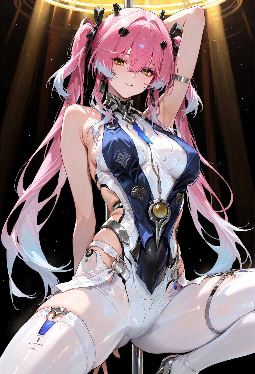{{{And balance}}}, {{leg grab}}, {{{one leg up}}}, , vaginal, , 1boy, , Yor,、{{{NSFW law}}}、((masutepiece)), ((Best Quality)), (GameCG), ((A sexy)), (Ero), comic book, married woman, Lady, 1girl in, Combined, White robot suit、（Beautiful pink hair, beautiful blue eyes beautiful eyes)), Long hair,beauty breast, （White leotard）, gloves, Hair ornaments, horseshoe-shaped hairband, blush, , steam effect,（High legsuits） ,Dig into the crotch、Inter-strands、nipples stand、There are green feather decorations on the left and right sides of the head.。.。.。.。.。.。、Transformation Heroine、Thigh-high boots that look like high heels、（（The fabric of the costume is thin and the skin is transparent..））、Wet and see-through、perspiring、Brilliant eyes、Crotch cloth shift、During sex、pussy