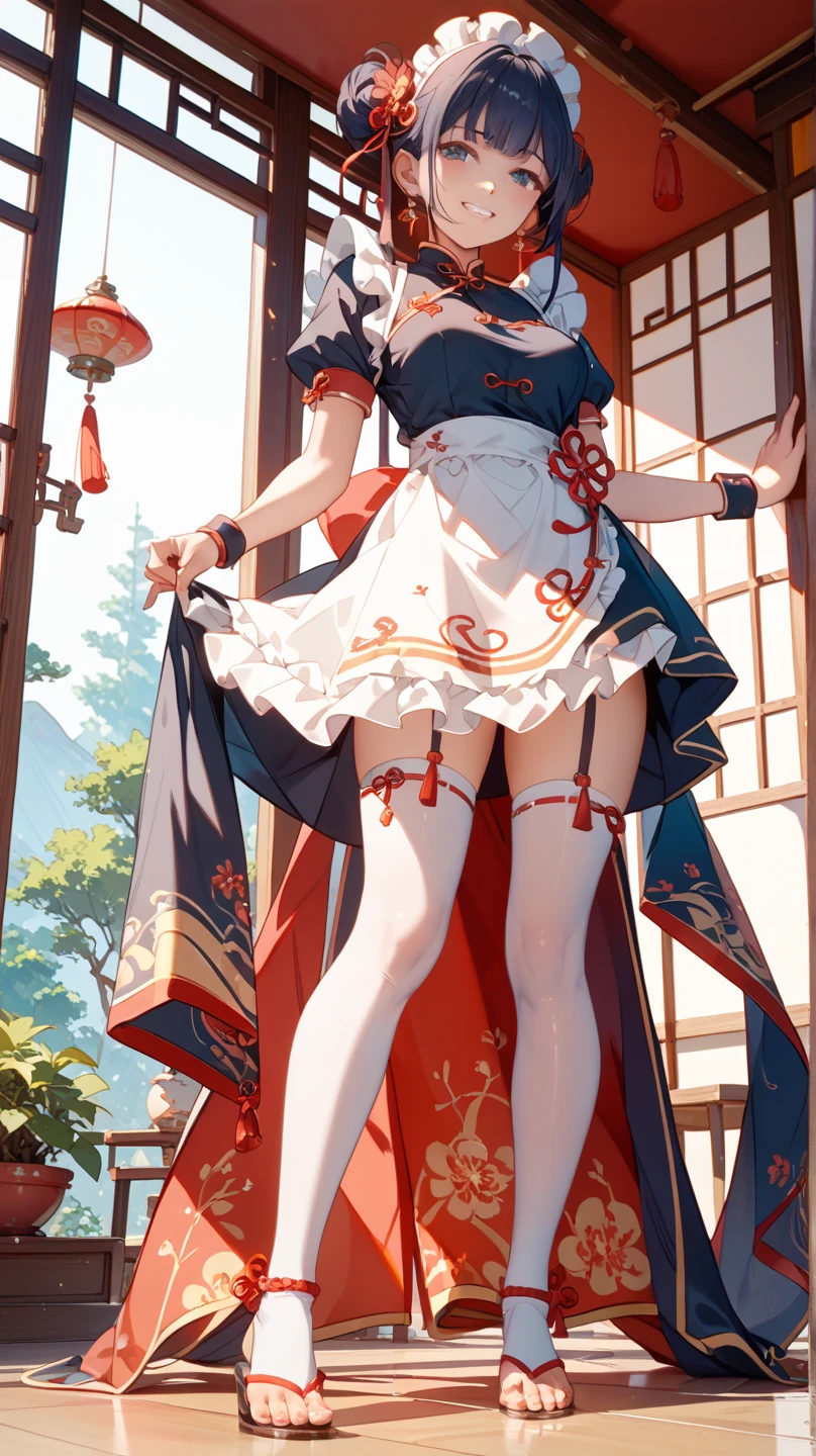 One Girl,Thick thighs,flatらな胸, whole body, Head to Toe Frame, flat, Thin thighs, Bloomers, bend over, Buttを見せる( Butt), Outdoor, cute girl, cute , Avoid One Piece,String panties,Place your fingers on your panties、stick out、shifting,whole body,Highest quality