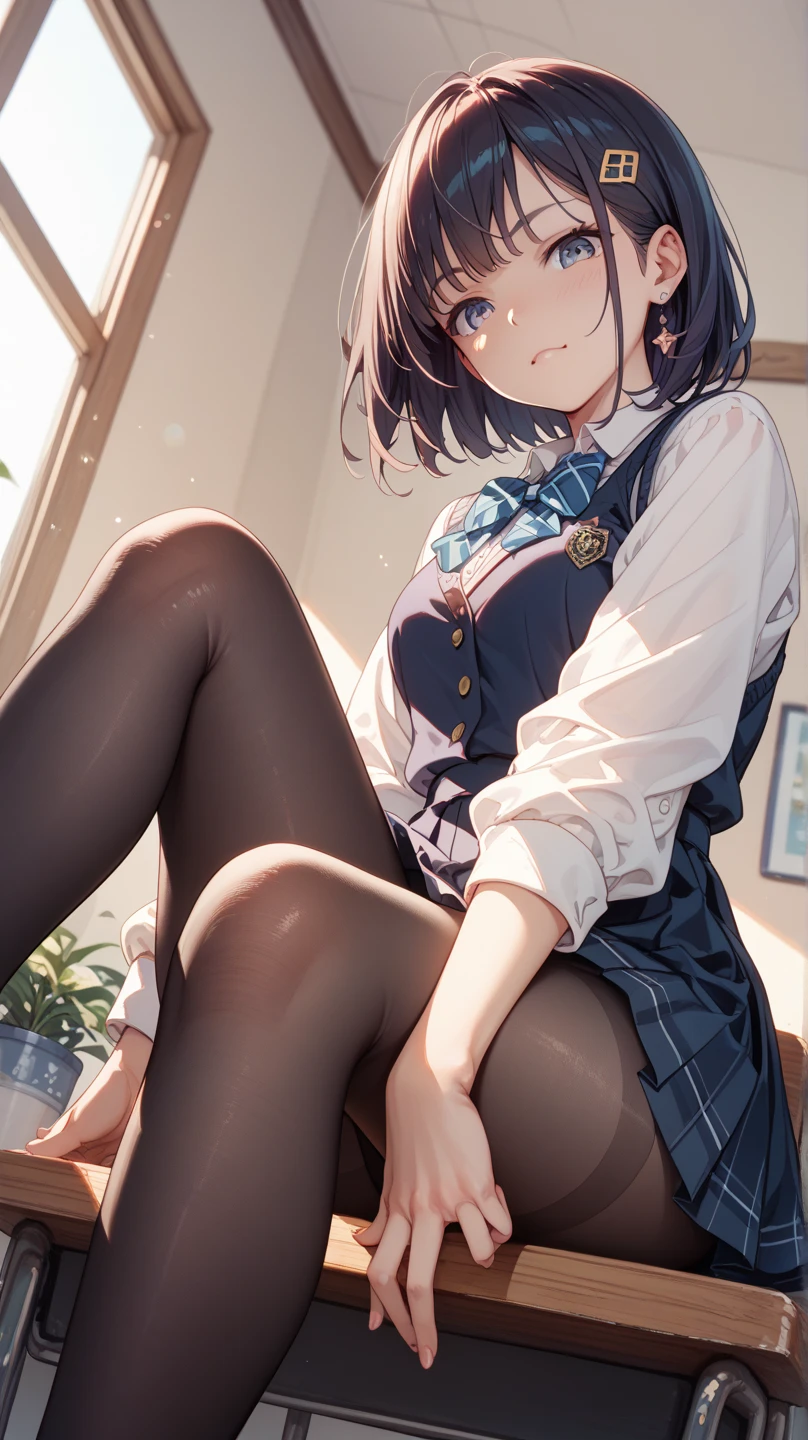 very cute and beautiful girl,(Very detailed美しい顔), (smile),blush,Black Hair,Seraphim,(White Shirt、Pleated navy blue pread your legs、Squat)、Sitting、(From below)、(Black tights、Lacy white panties), Country road, (Highest quality,masterpiece:1.0),Absurd,High resolution,Super detailed,Very detailed,32K,8k resolution, Intricate details,Movie Scenes,Detailed Background,alone,Dynamic Angle,