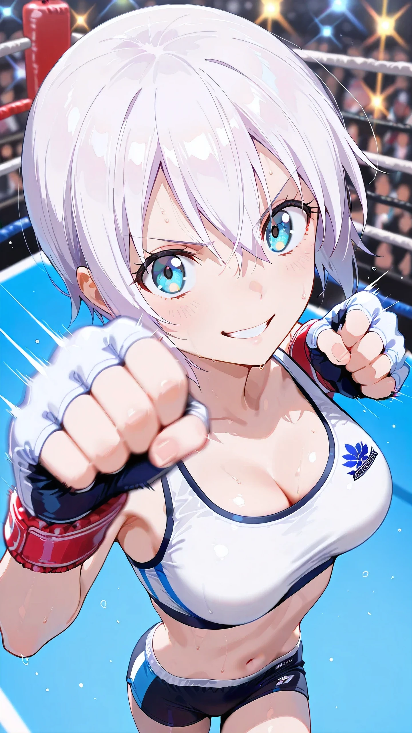 lisanna strauss, short hair, blue eyes, hair between eyes, white hair,, solo, Detailed eyes, white sports bra, black sports very short spats, white fingerless gloves, thigh, cleavage, slim long legs, medium , serious grin, looking at viewer, Detailed eyes, Detailed face, from side-above, portrait, face focus,
p4nch, punching, clenched hand, motion lines, motion blur,
boxing ring, spectator seats, (depth of field).