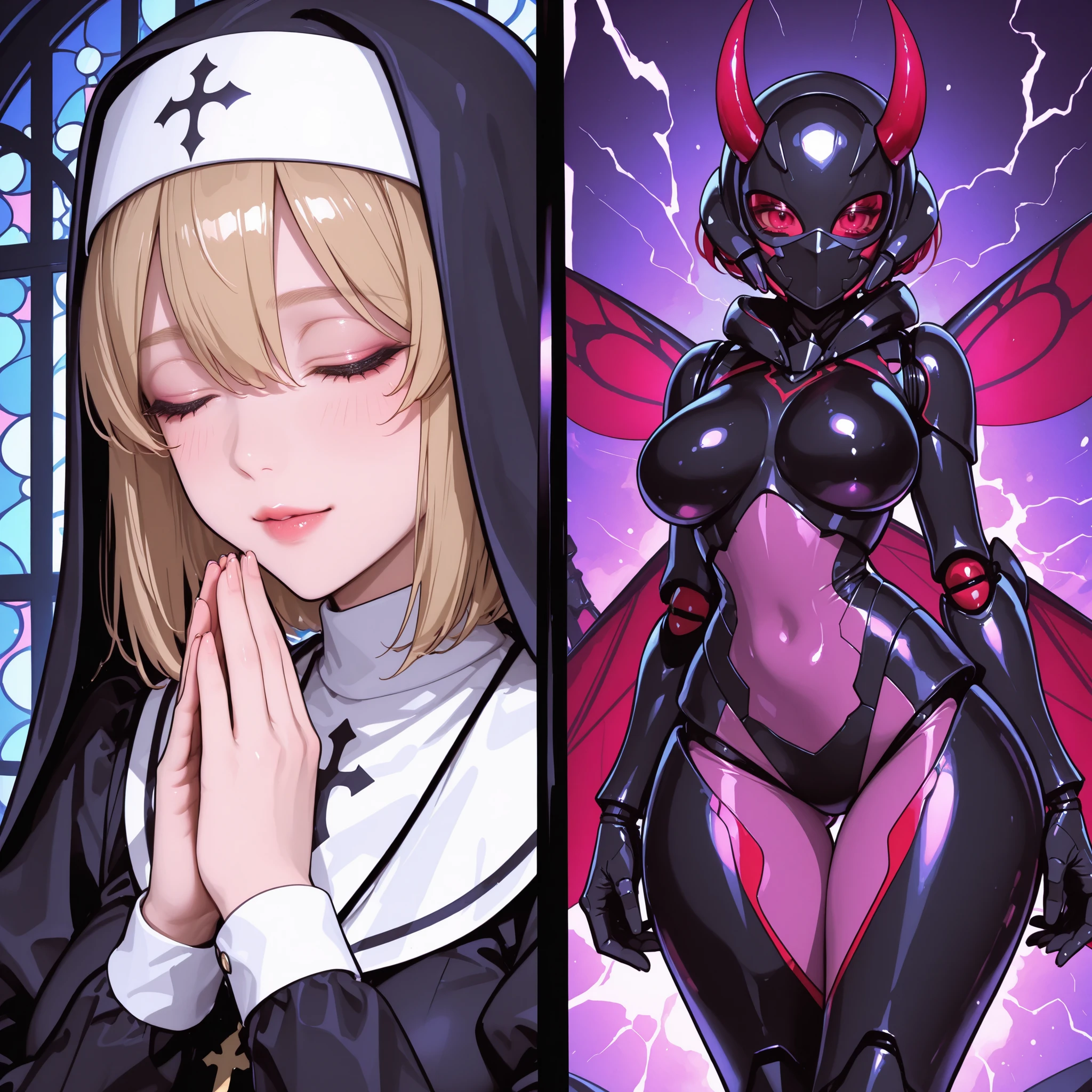 Split screen. Kaijin girl. Mantis. Exoskeleton. Curvy waist. Devil horns. Weaponized arms. Wings. Full face mask. Biologically designed helmet.