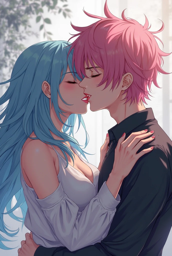 masterpiece (((1 man))) 1 girl (((men and women))) Pink hair Long hair Green eyes Huge breasts (big nipples) NSFW (orgasm) (heart eyes) uniform blazer ((hug)) ((deep kiss))