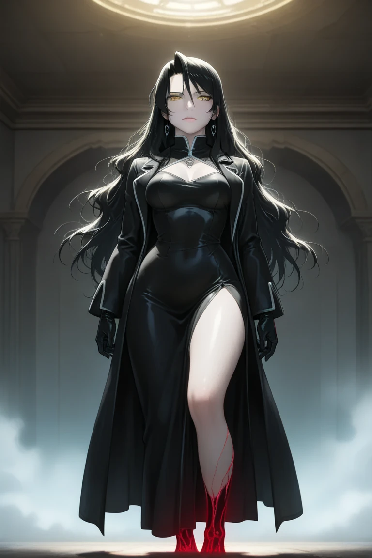 prompt beautiful long black hair woman wearing black gerra suit full body