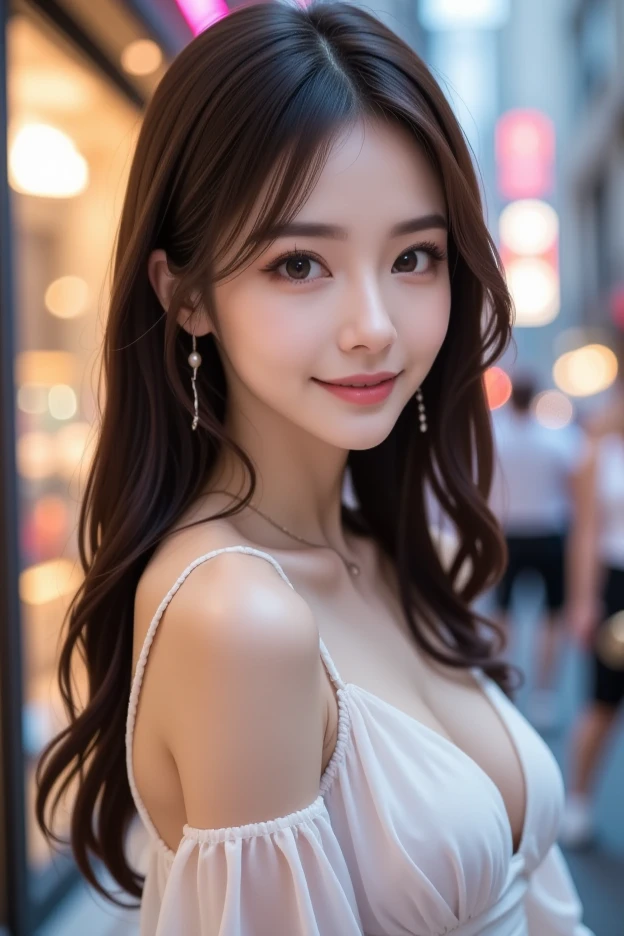 (((From side:1.5, upper body:1.5, bust-up:1.5, profile:1.5, close- up:1.5), (Realistic, Photorealistic: 1.37), (Masterpiece, Best Quality: 1.2), (Ultra High Resolution: 1.2), (RAW Photo: 1.2), (Sharp Focus: 1.37), (Face Focus: 1.5), (hyper-sharp image:1.3), (shots on Nikon), (Ultra Detailed CG Unified 8k Wallpaper: 1.2), (Beautiful Skin: 1.2), (pale Skin: 1.3), (Hyper Sharp Focus: 1.5), (Ultra Sharp Focus: 1.5), (Beautiful pretty face:1.3, Taiwan actress face:1.3), (super detailed background, detail background: 1.3), a very cute and beautiful pictures of women, (actress), professional attire, (22 years old: 1.1), portrait of a girl, upper body image, When viewed from the front, the composition is symmetrical, (Studio lighting: 1.3), (Cinematic lights: 1.3), (backlight: 1.3), dim lighting, lighting that covers the whole body, BREAK, ((looking straight at you, arms behind back, stylish posing:1.3)), break, (shiny-brown half up thin hair: 1.2), dark brown eyes, beautiful eyes, princess eyes, ((brown hair:1.3)), single hair, bangs, Hair between eyes, Long hair, slender, abs, perfect abs, (medium-breast;1.47, cleavage:1.27), (thin waist: 1.15), (detailed beautiful girl: 1.4), (Chest squeezed together, View viewer, (wearing a cream color knit one-piece dress:1.3)), Solo, Parted lips, Red lips, (shiny skin), sweat, (detailed night street view background:1.2), (light smile:1.37, closed mouth:1.37), ((Perfect Female Body)), (Upper Body Image:1.3), Frame Head, Perfect Anatomy, Perfect Proportions, 8.5 Life-Size, tall, Face Focus, Ultra Realistic Photo, Hyper Sharp Image, Hyper Detail Image,