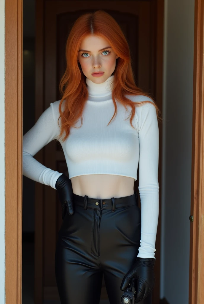 mother, Masterpiece, Best quality, ultra detailed, Beautiful lighting, 1 girl, Orange hair, cat ear, Green eyes, freckles, turtleneck top, I look at the viewer, detailed black stockings with belt, juicy ass