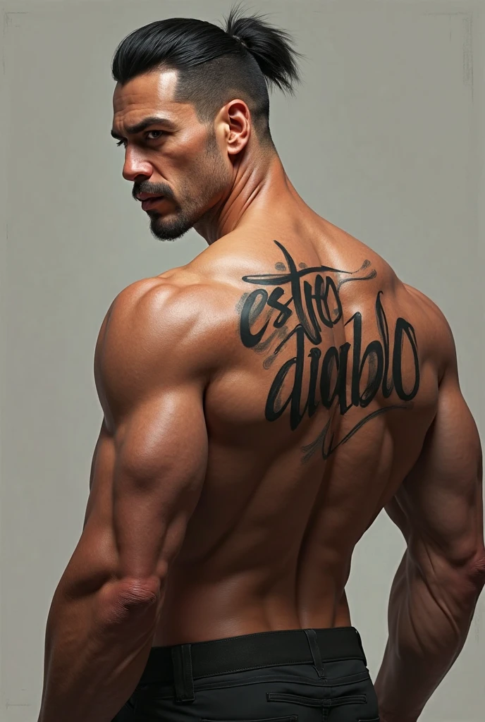 a young man AI high quality muscular tattoo with name “ruy” tan skin piercing gaze with bathroom background
