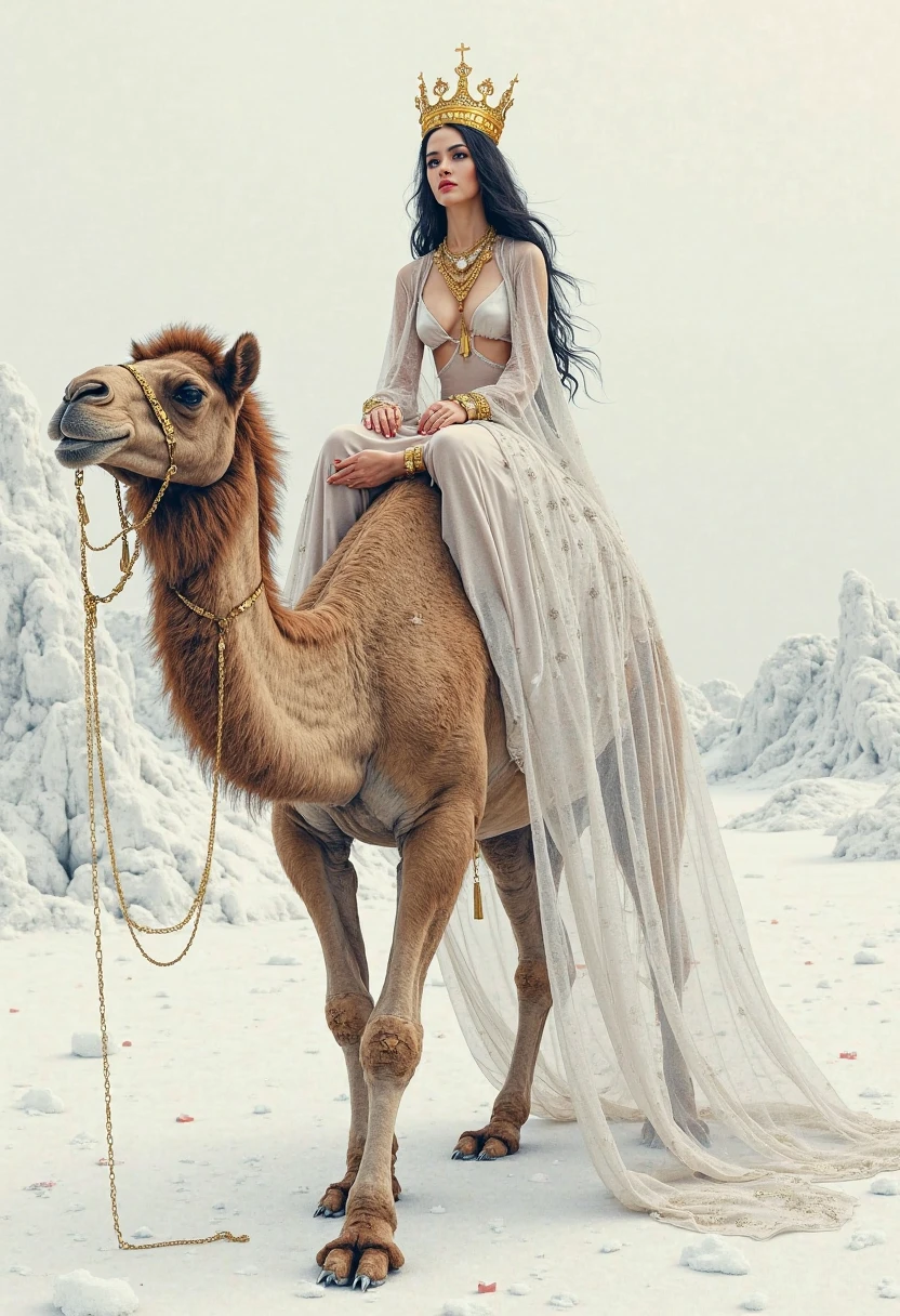 fantasy, beautiful girl, long wavy black hair, dressed in a short white tunic, naked, riding a camel, alone against the background of the desert