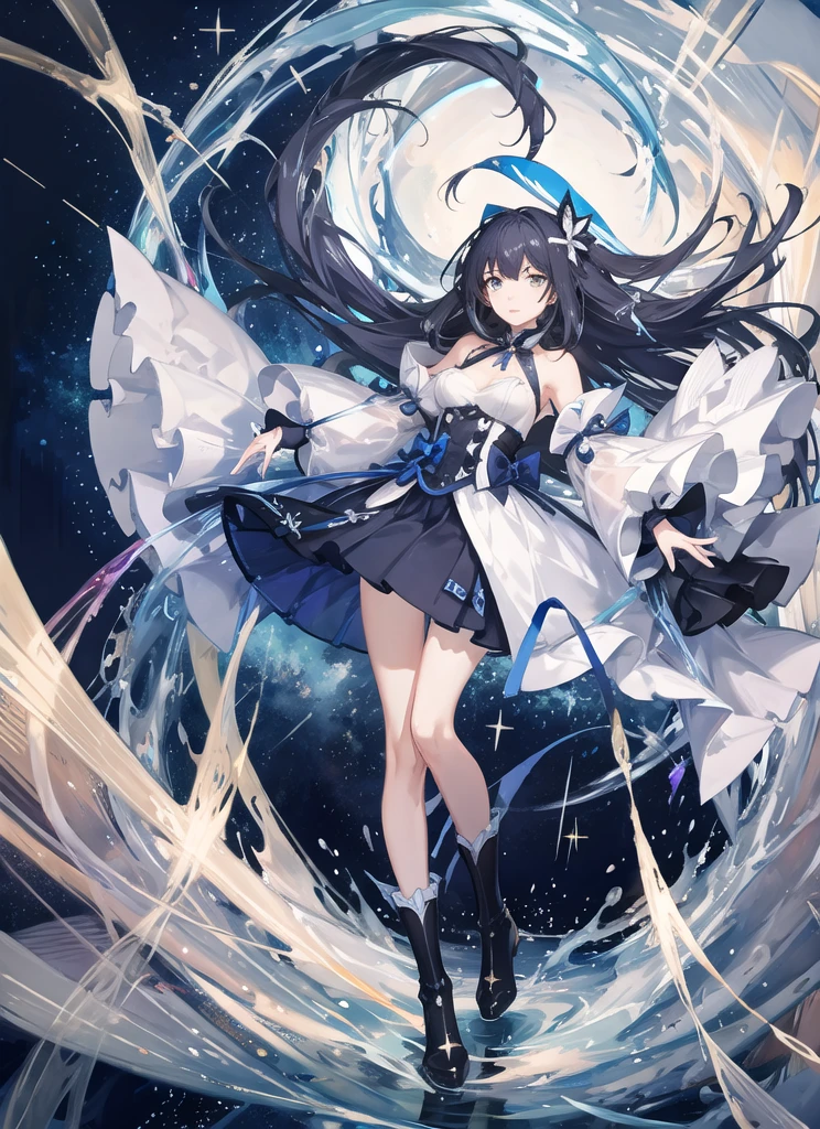 blue hand and thigh wearings, black hair, hair accessories, blue eyes, gold ear decorations, nose, nervous, pale skin, neck, shoulders, small chest, arms, hands emitting energy, thin waist, legs, small thigh, bare round feet, cute, gold stripes on dress, in a sacred palace, standing dominantly, cinematic light, high resolution, highest quality, ultra detailed, detailed face, (detailed eyes), best quality, hyper detailed, masterpiece, (detailed face), clean face, detailed eyes