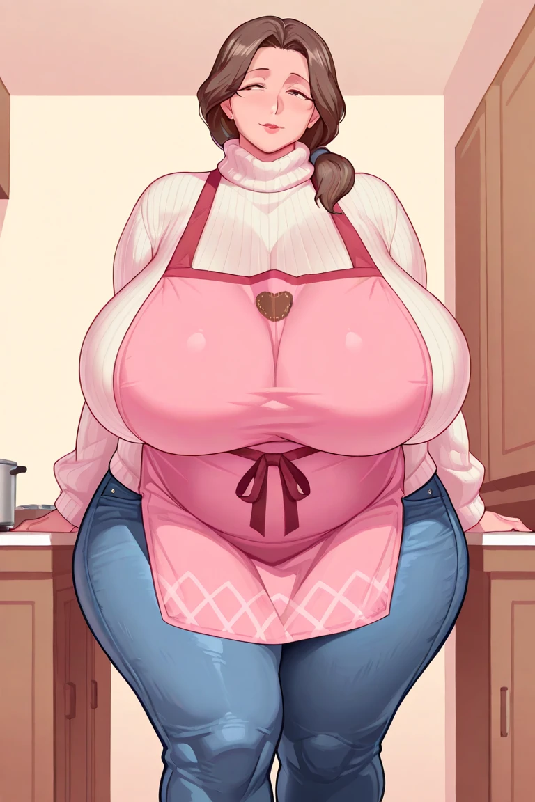 art by kipteitei, 1girl, naked, curly brown hair, camera looking downwards at the girl, round fat jiggly belly, big thighs, bigger , surrounded by pastries and sweets, chubby (best quality, masterpiece)